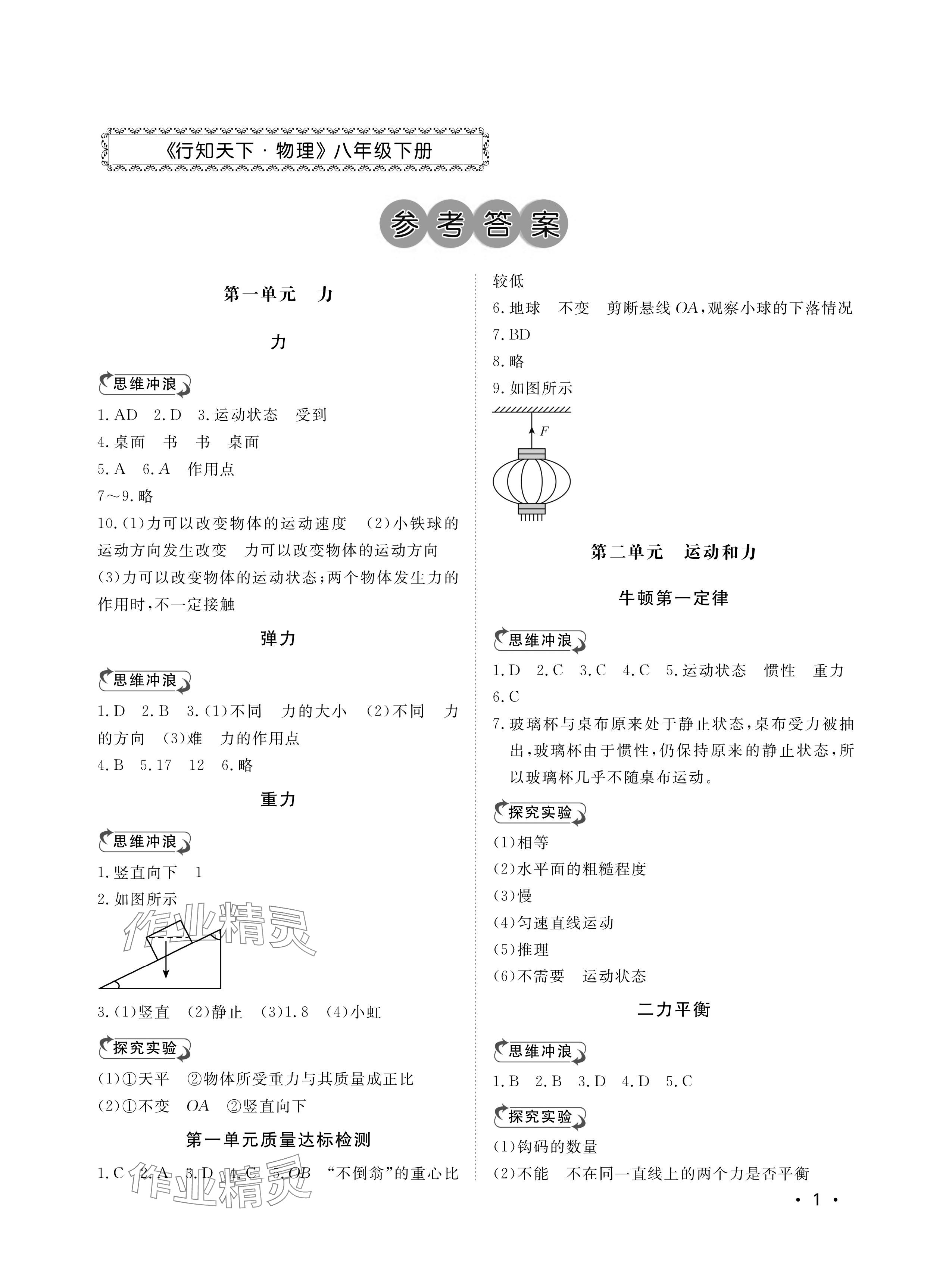 2024年行知天下八年级物理下册人教版 参考答案第1页