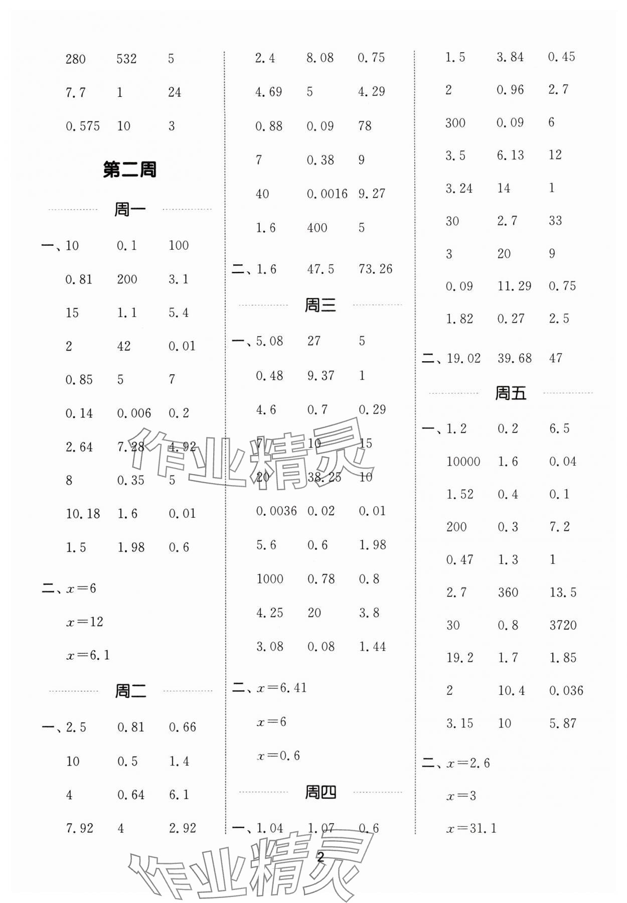 2024年通城学典计算能手五年级数学下册人教版 参考答案第2页
