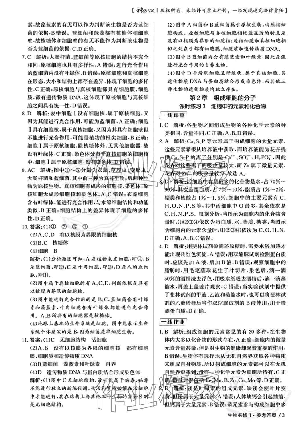 2023年一線精練高中生物必修1人教版 參考答案第3頁(yè)