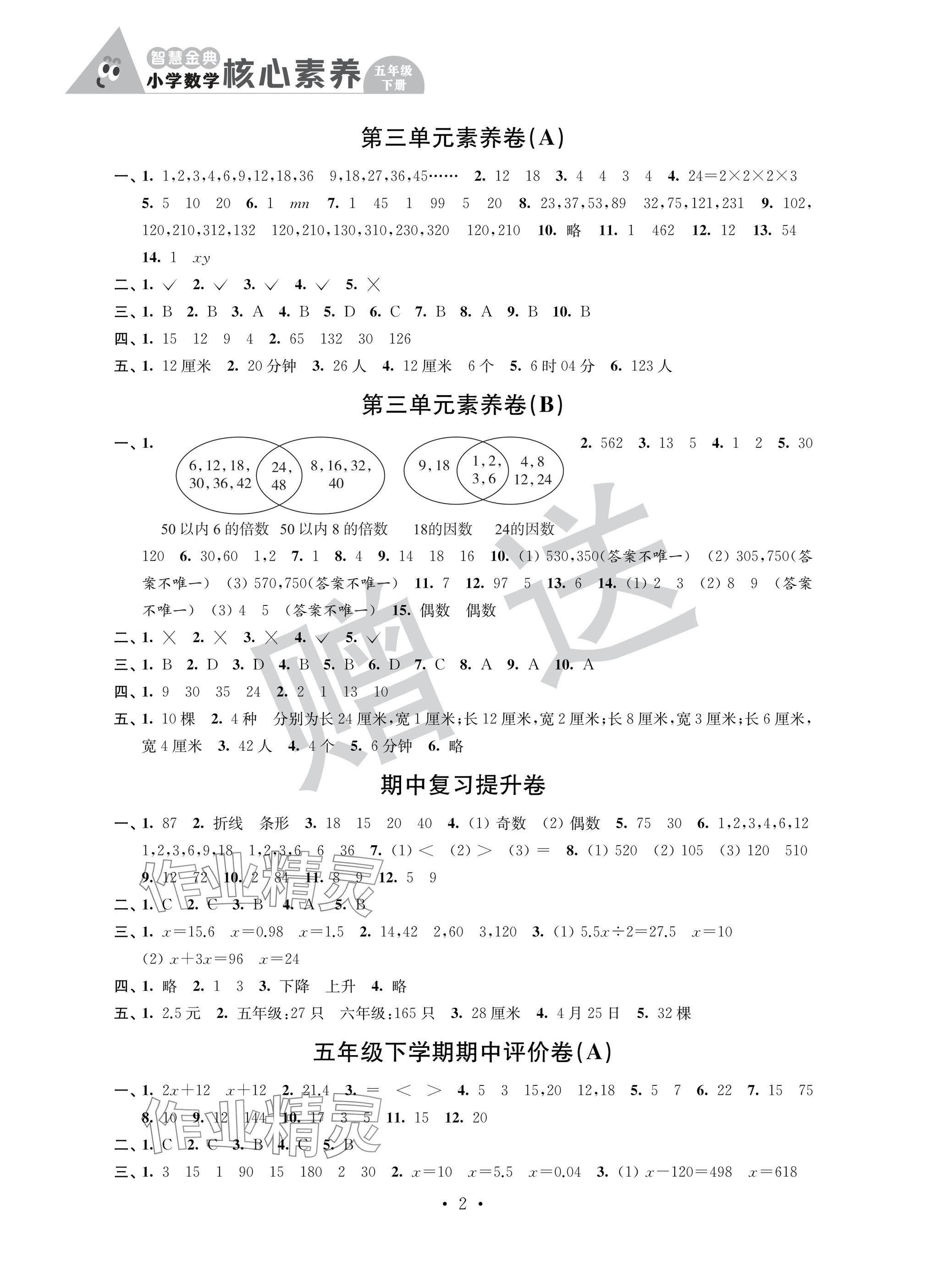 2025年智慧金典核心素养五年级数学下册苏教版 参考答案第2页