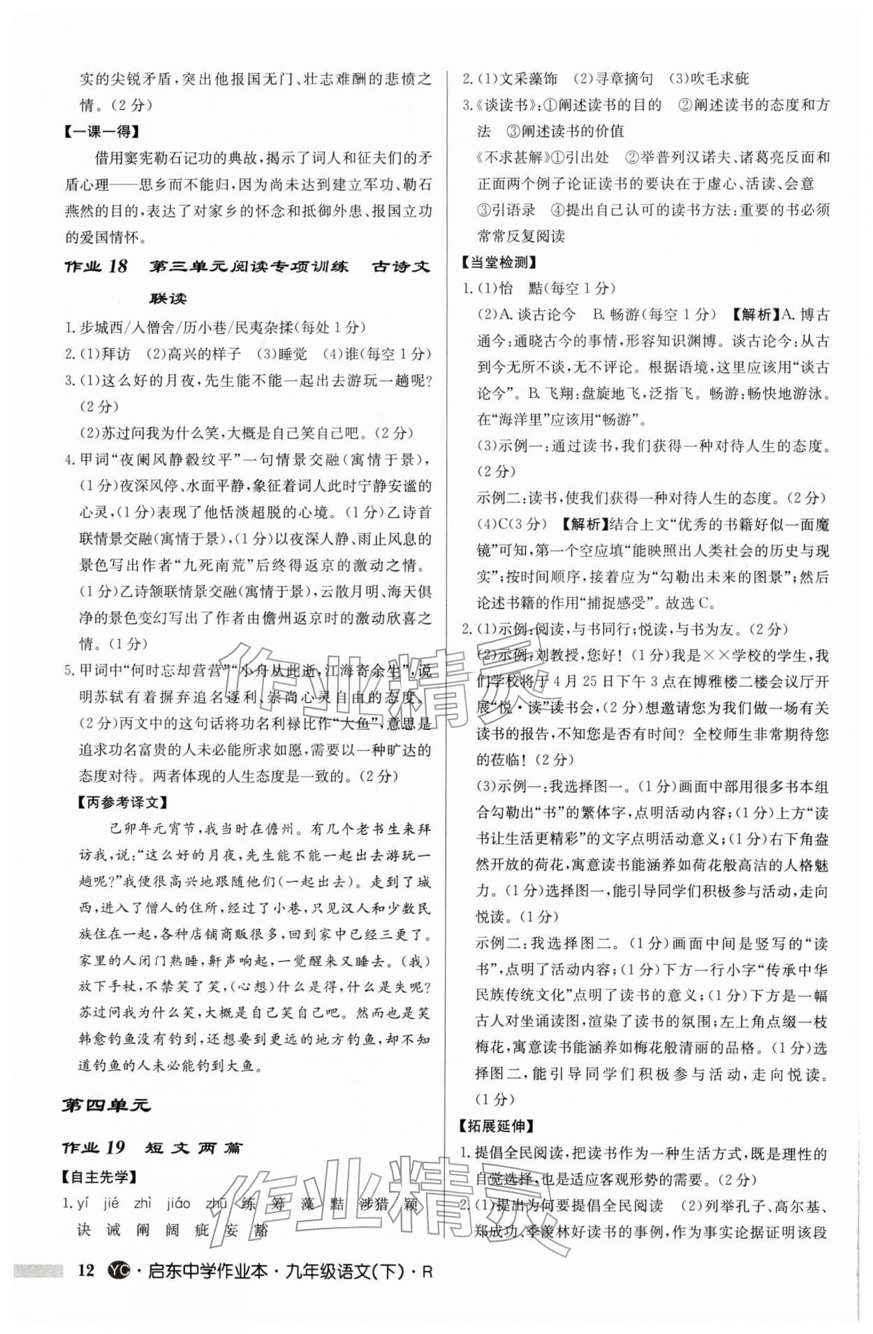 2026年启东中学作业本九年级语文下册人教版盐城专版&nbsp;参考答案第12页
