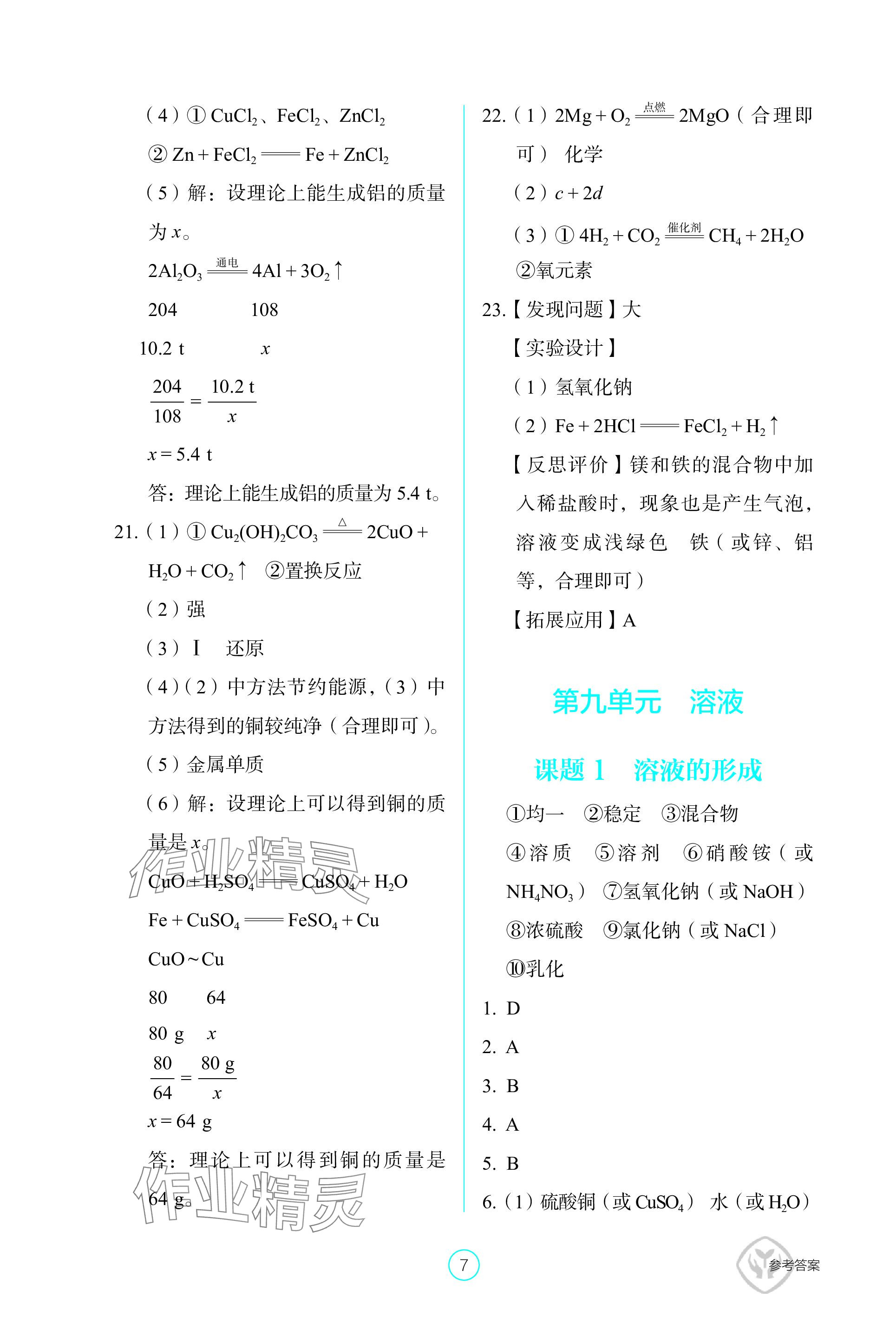 2024年学生基础性作业九年级化学下册人教版 参考答案第7页