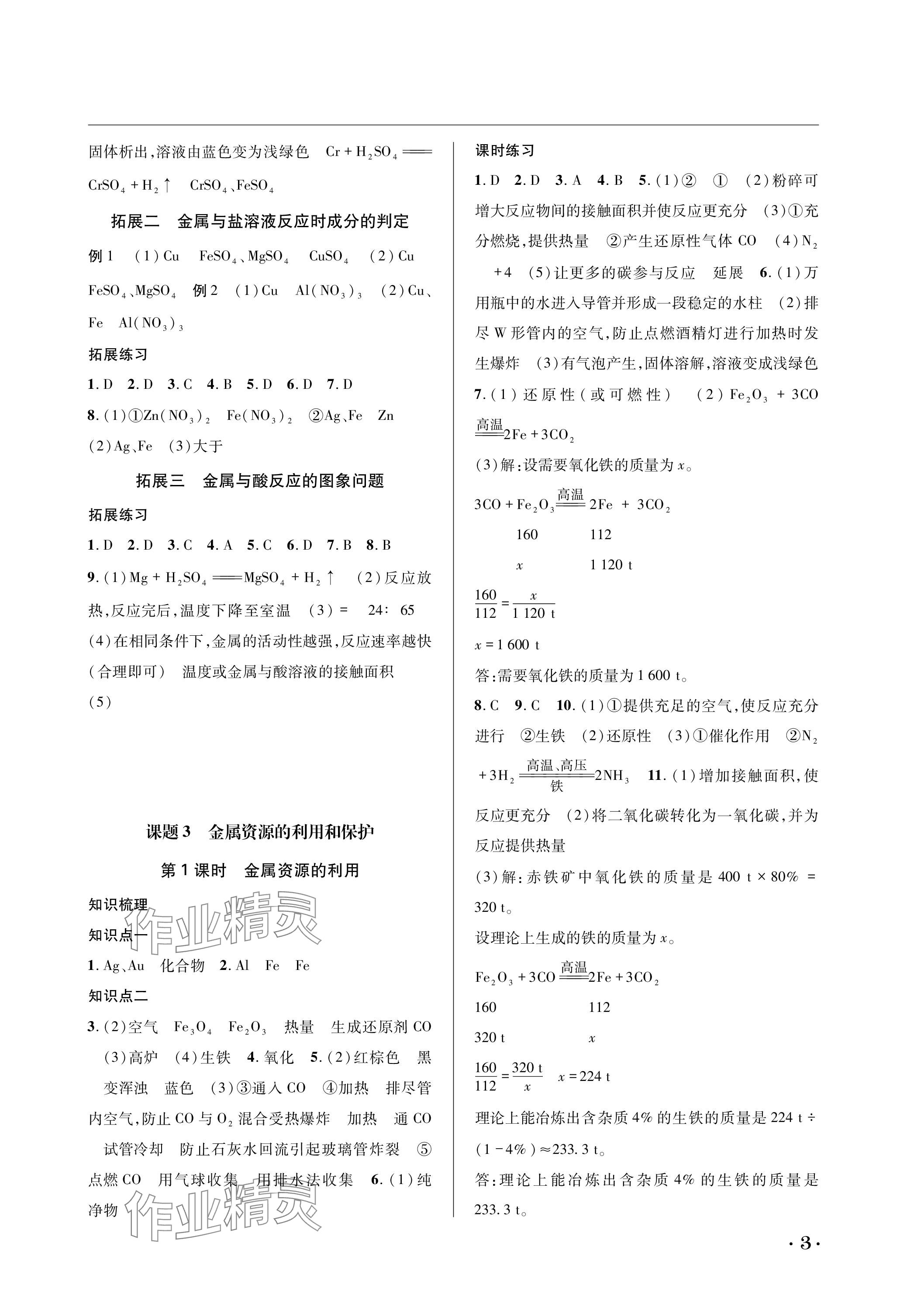 2024年蓉城學霸九年級化學下冊人教版 參考答案第3頁