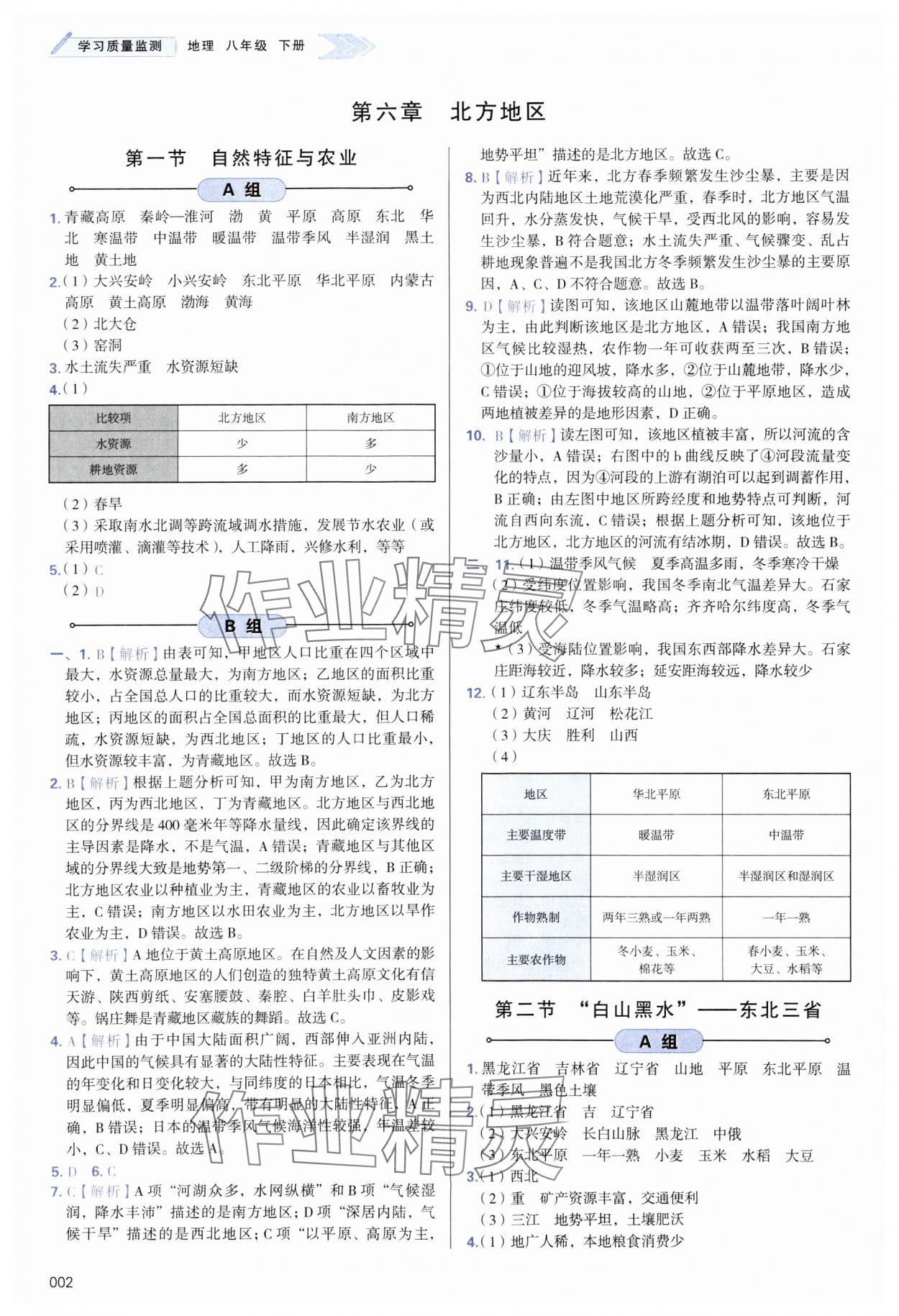 2024年学习质量监测八年级地理下册人教版 参考答案第2页