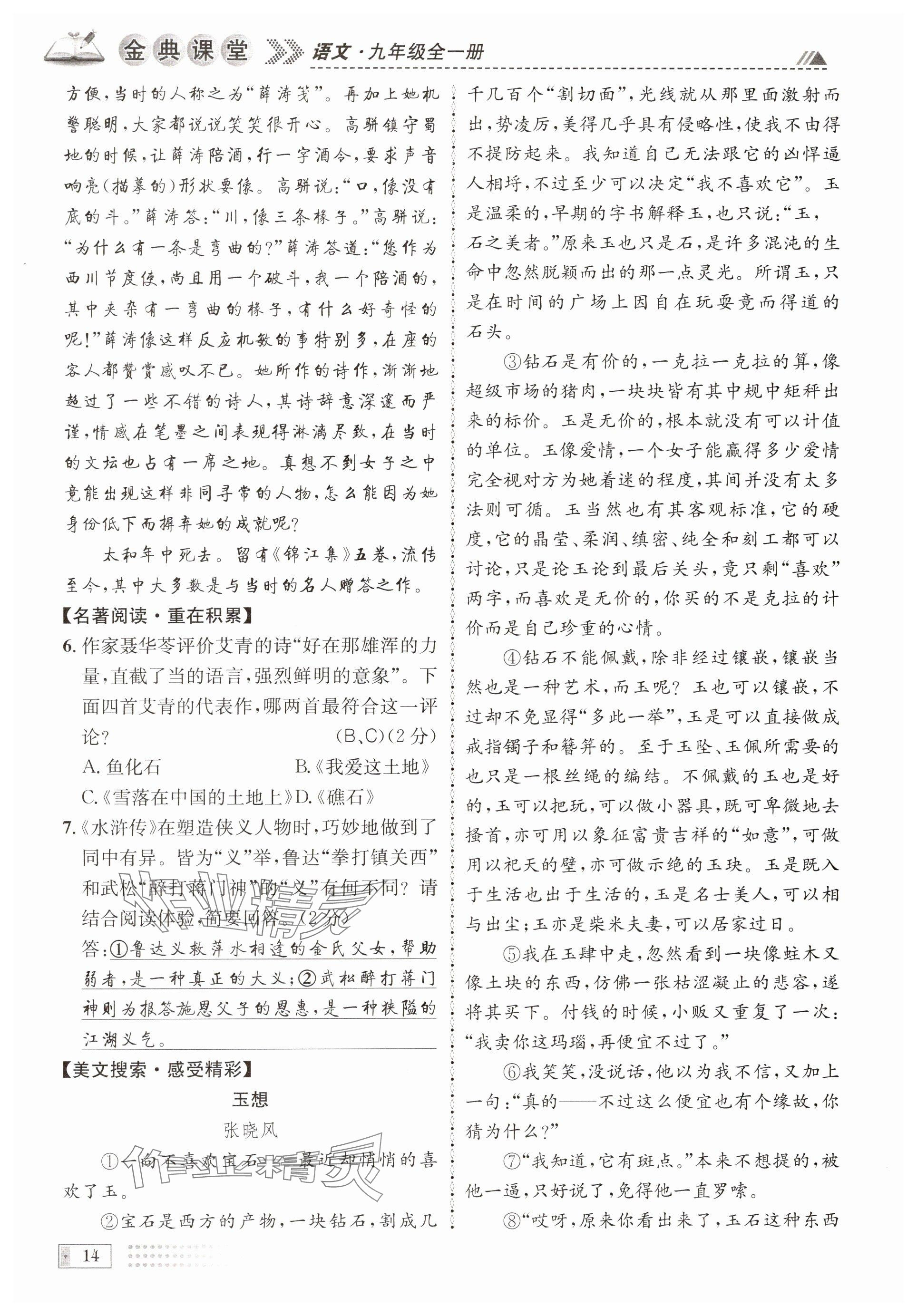 2024年名校金典課堂九年級語文全一冊人教版成都專版 參考答案第14頁