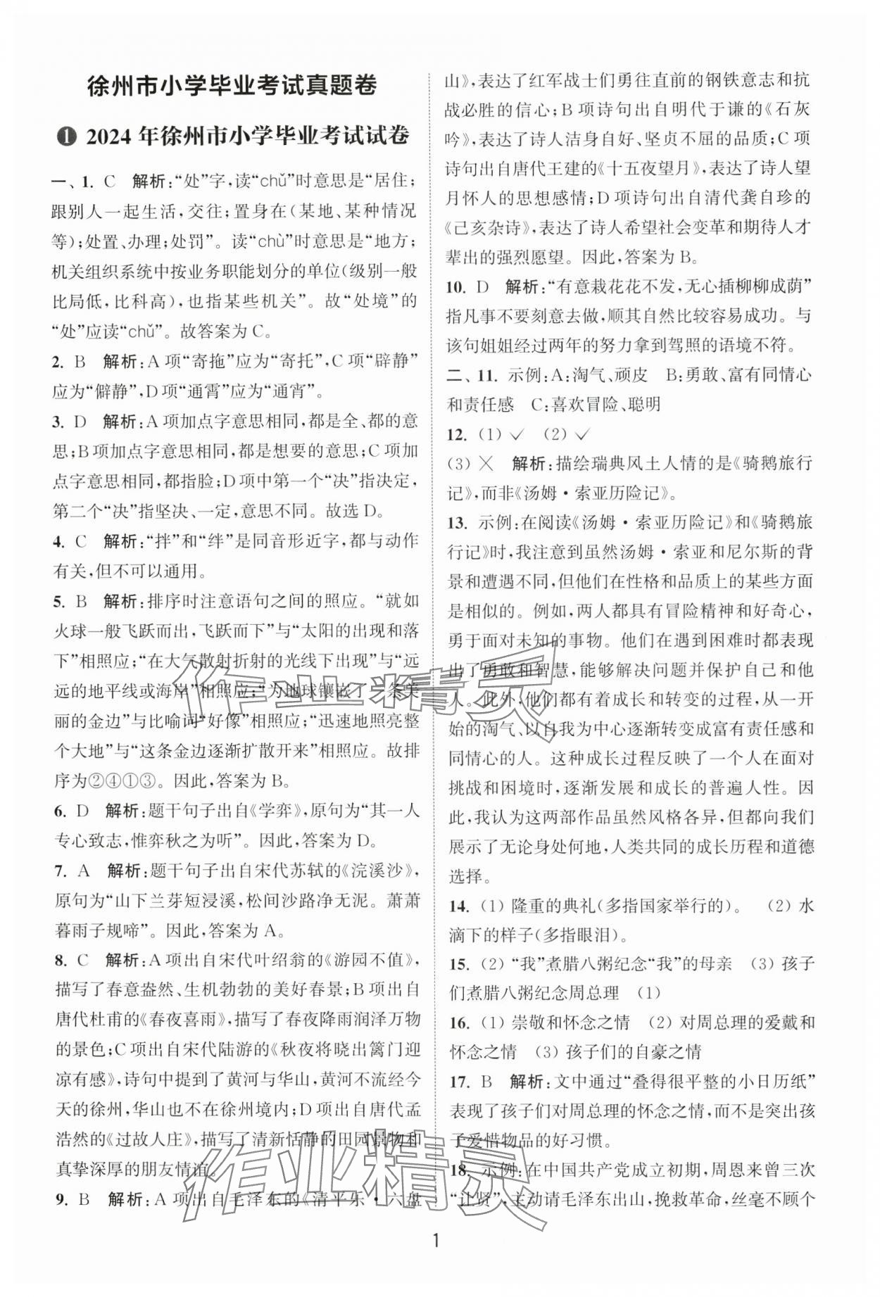 2025年小學(xué)畢業(yè)考試試卷精編語文徐州專版 參考答案第1頁