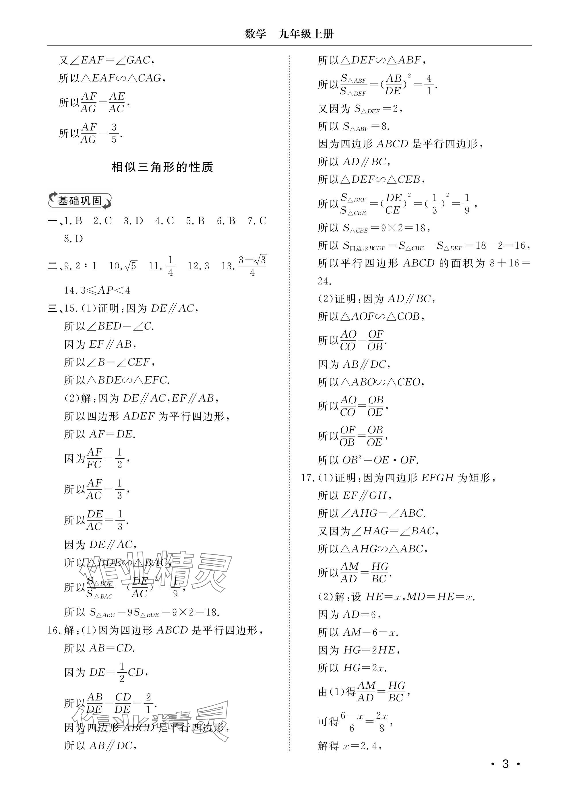 2024年行知天下九年级数学上册青岛版 参考答案第3页