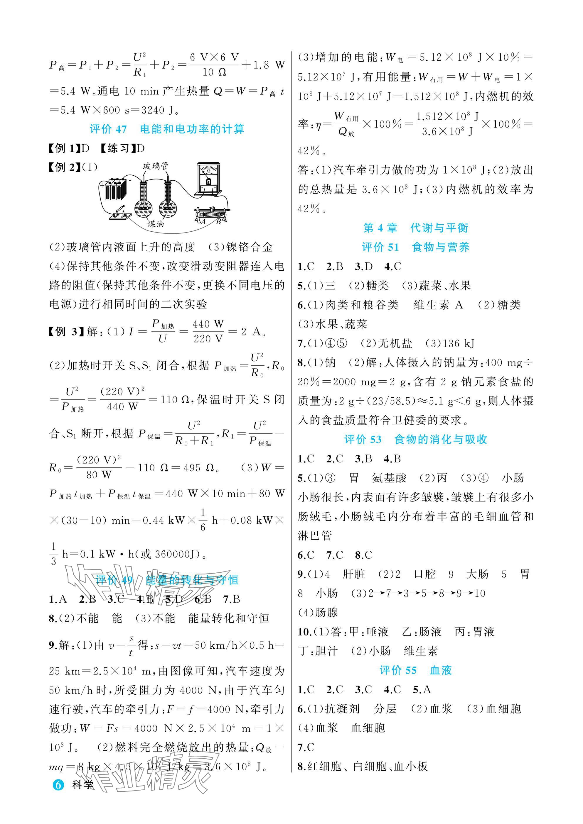 2025年名师面对面学科素养评价九年级科学全一册浙教版&nbsp;参考答案第6页