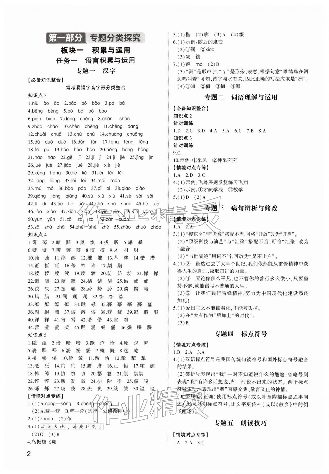 2026年中考总复习山东科学技术出版社语文&nbsp;参考答案第1页