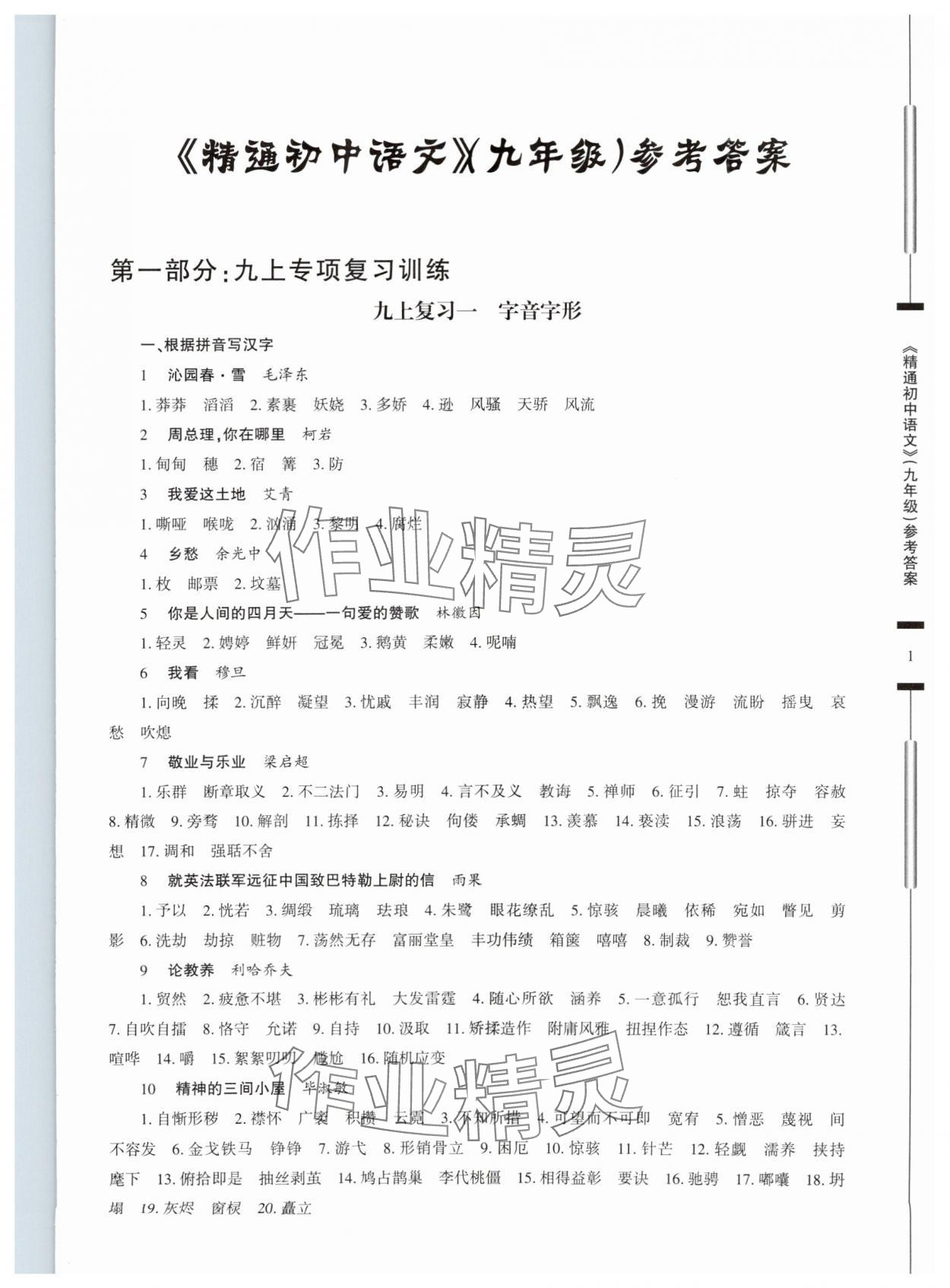 2025年精通初中語文九年級人教版 參考答案第1頁