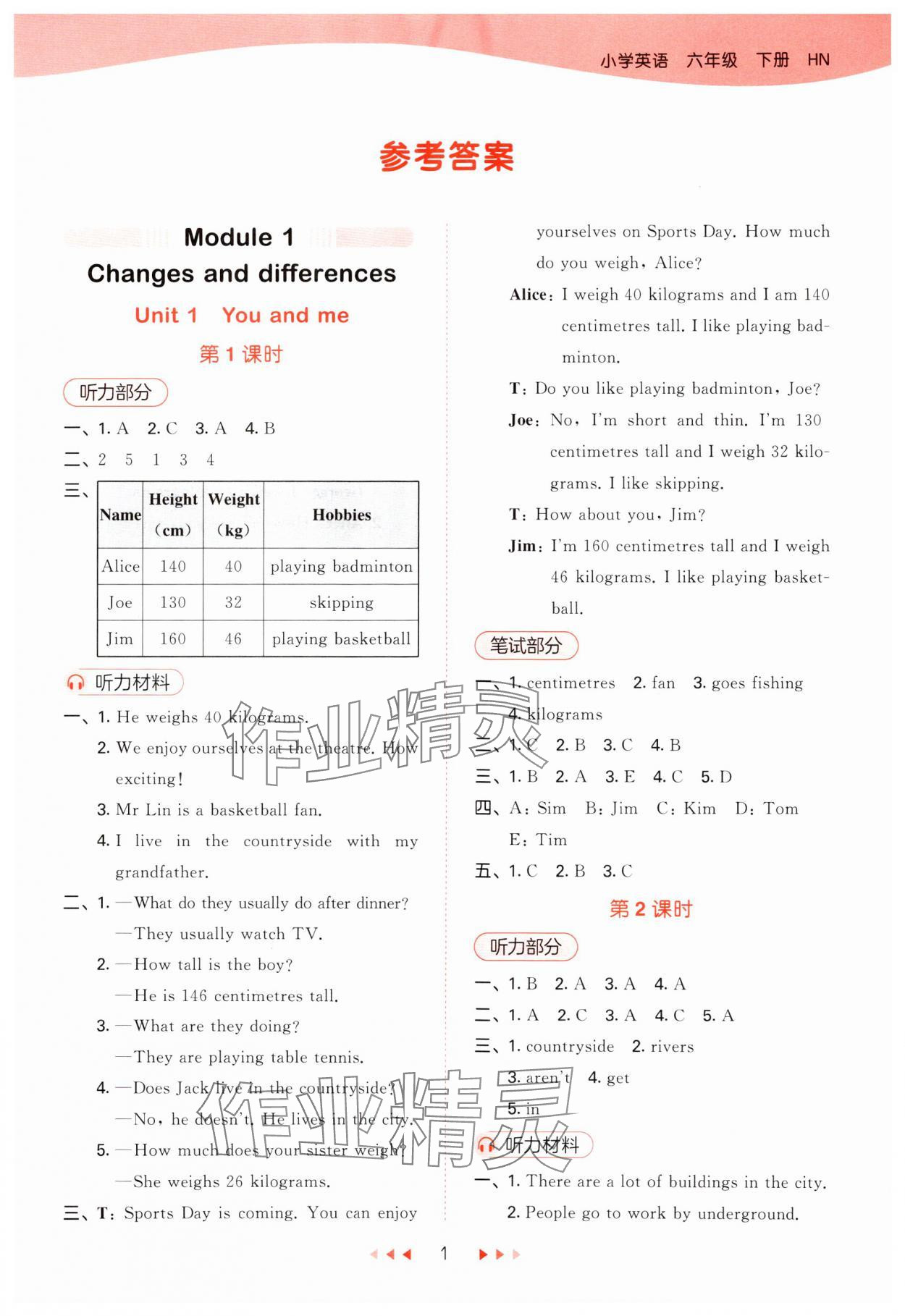 2024年53天天練六年級英語下冊滬教版 參考答案第1頁