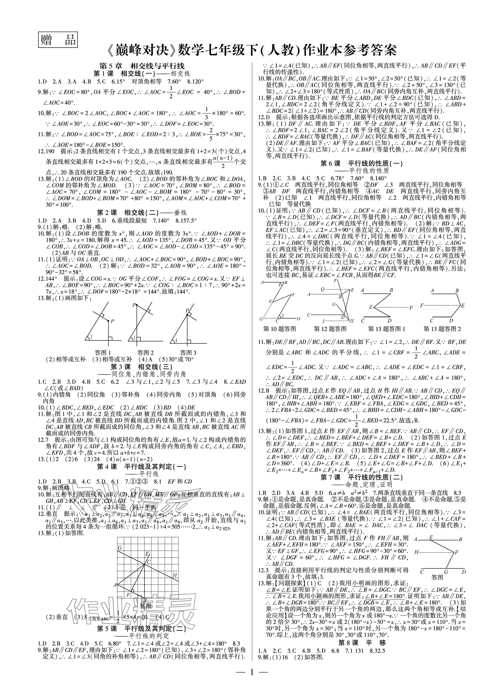 2024年巔峰對(duì)決七年級(jí)數(shù)學(xué)下冊(cè)人教版 參考答案第1頁