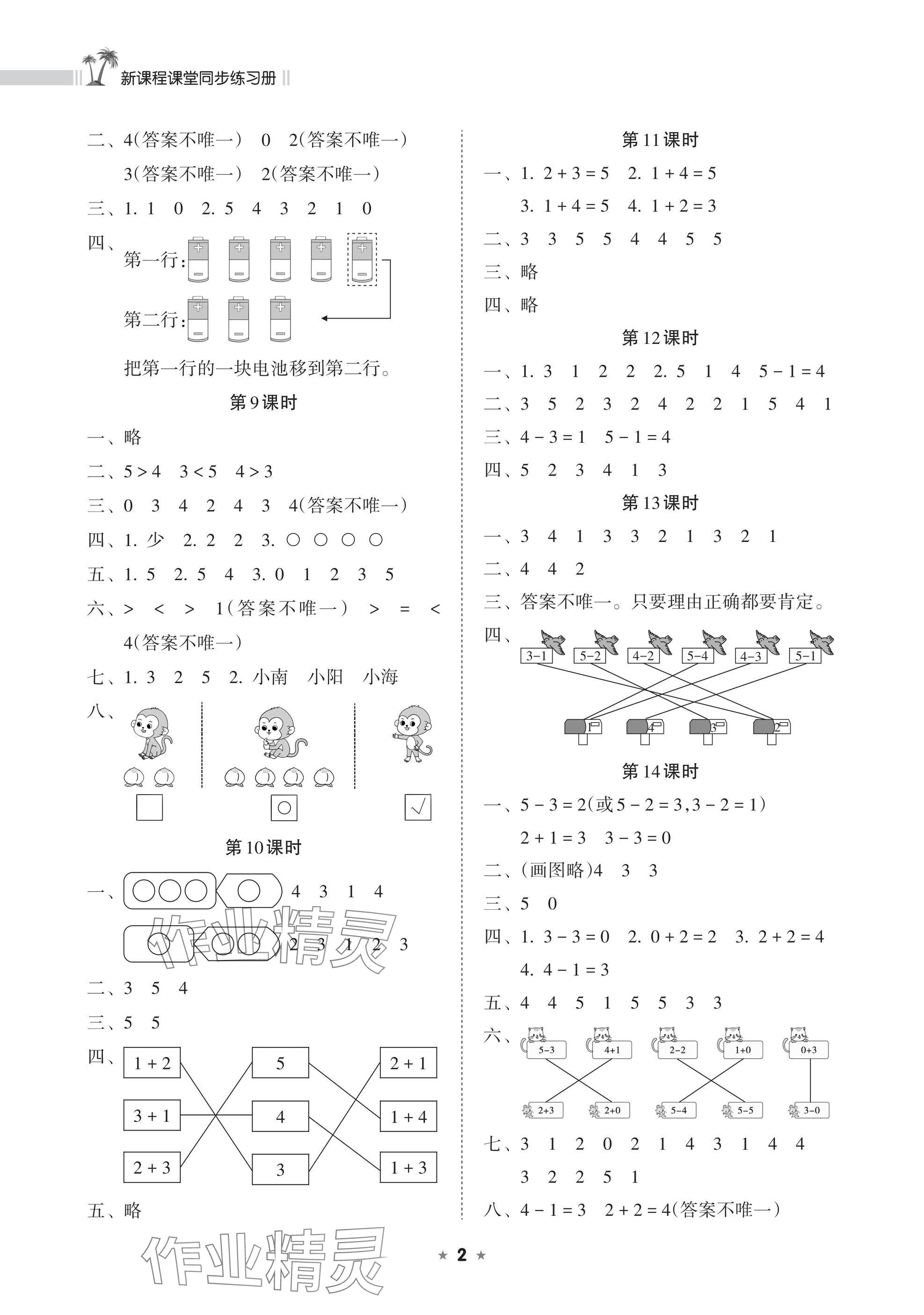 2024年新課程課堂同步練習(xí)冊(cè)一年級(jí)數(shù)學(xué)上冊(cè)蘇教版 參考答案第2頁(yè)