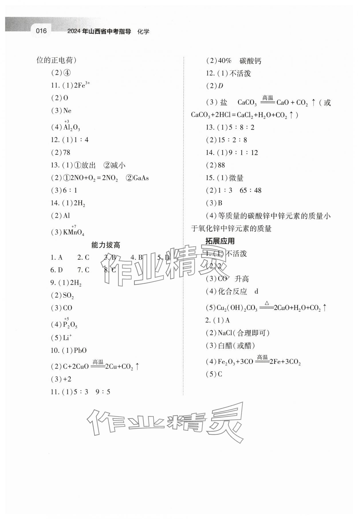 2024年中考指导化学山西专版 参考答案第16页