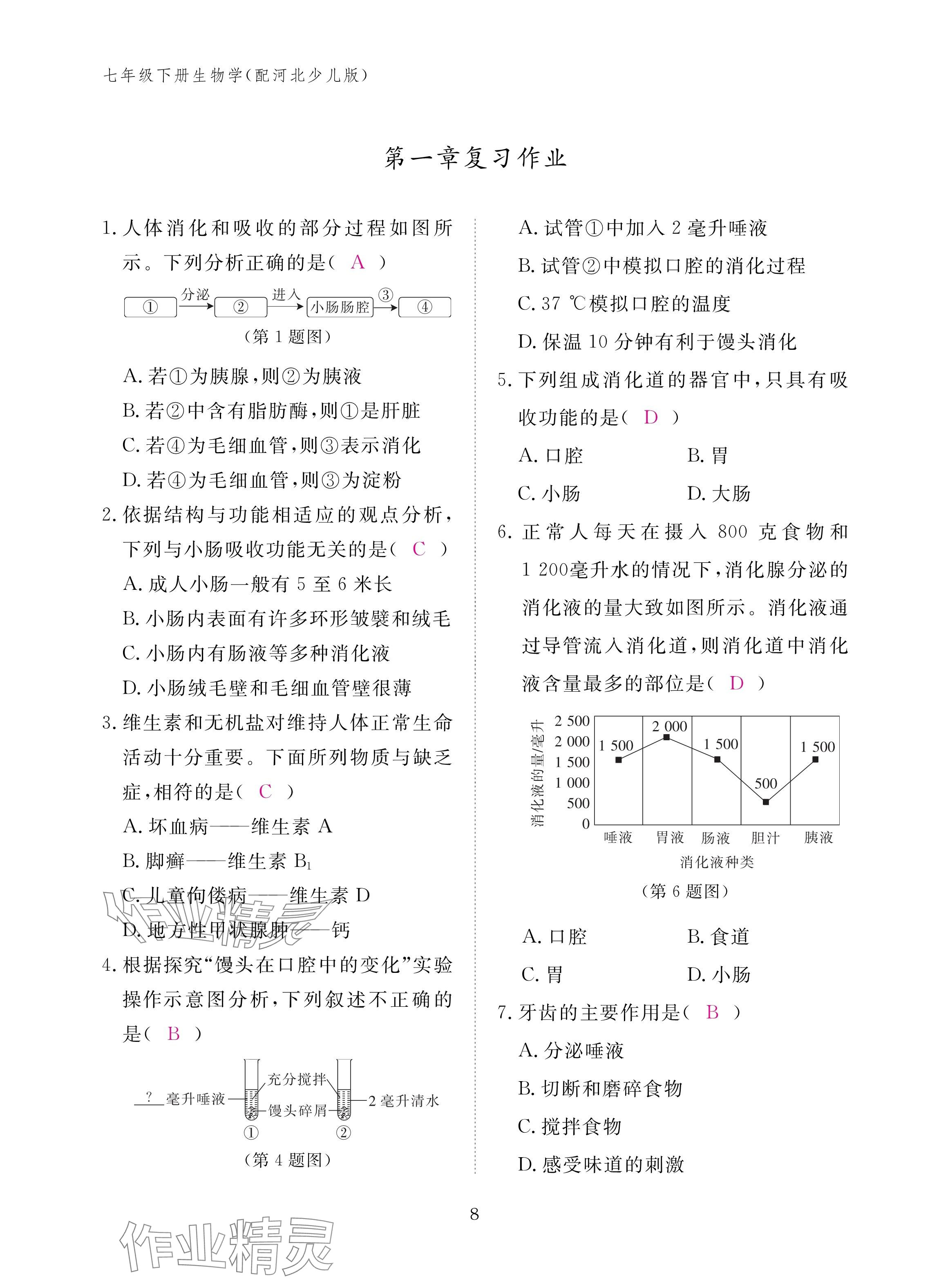 2025年作業本江西教育出版社七年級生物下冊冀少版 參考答案第8頁