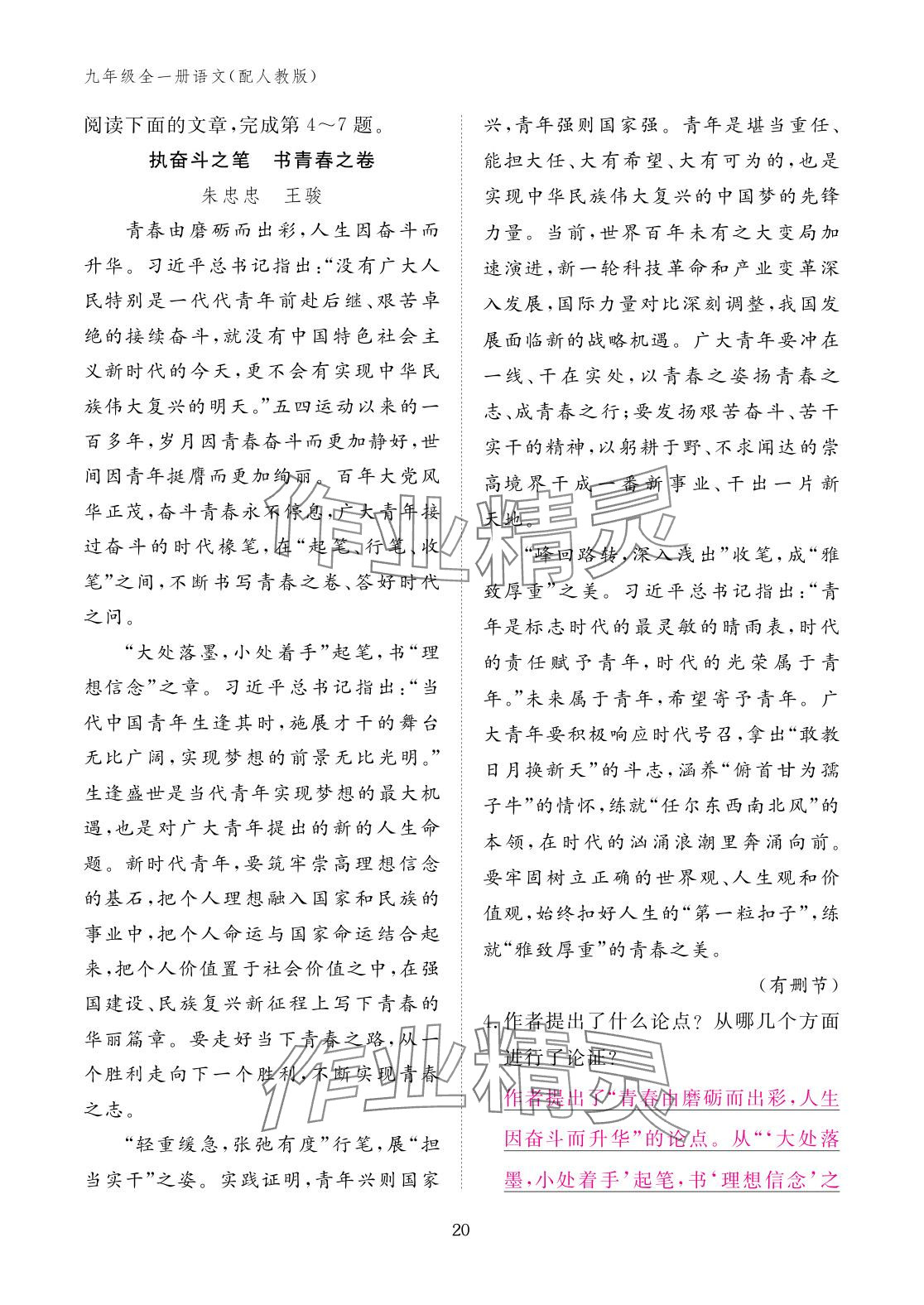 2025年作业本江西教育出版社九年级语文全一册人教版 参考答案第20页