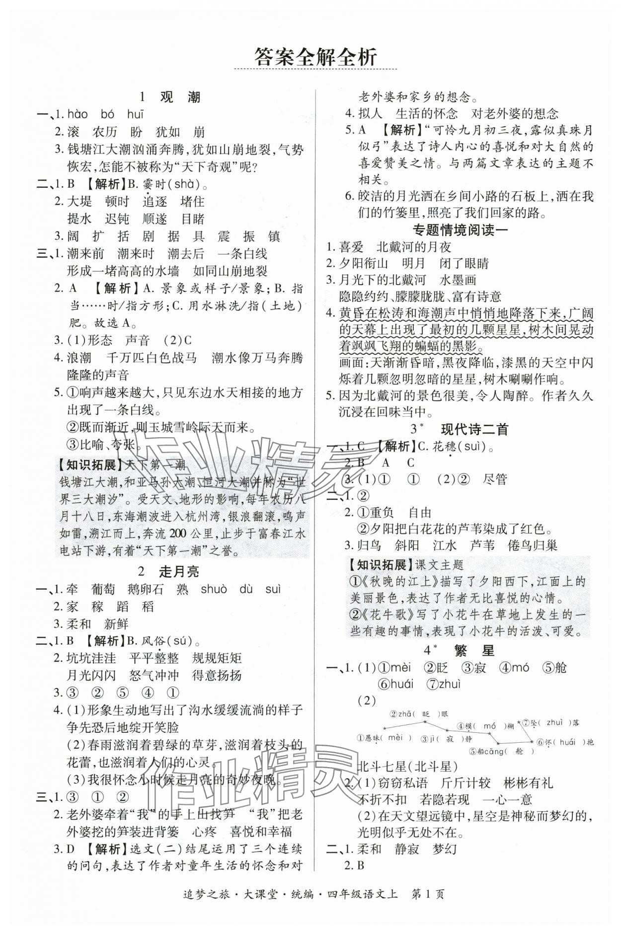 2025年追夢之旅大課堂四年級(jí)語文上冊(cè)人教版河南專版 參考答案第1頁