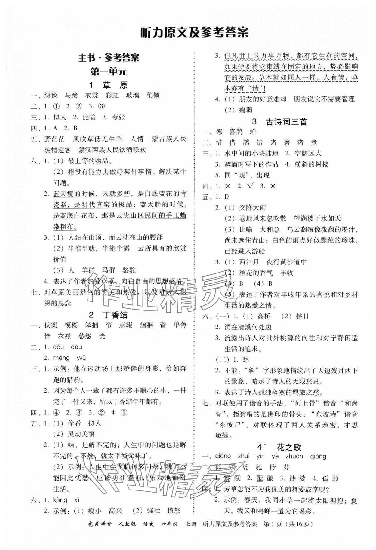 2024年完美学案六年级语文上册人教版 参考答案第1页