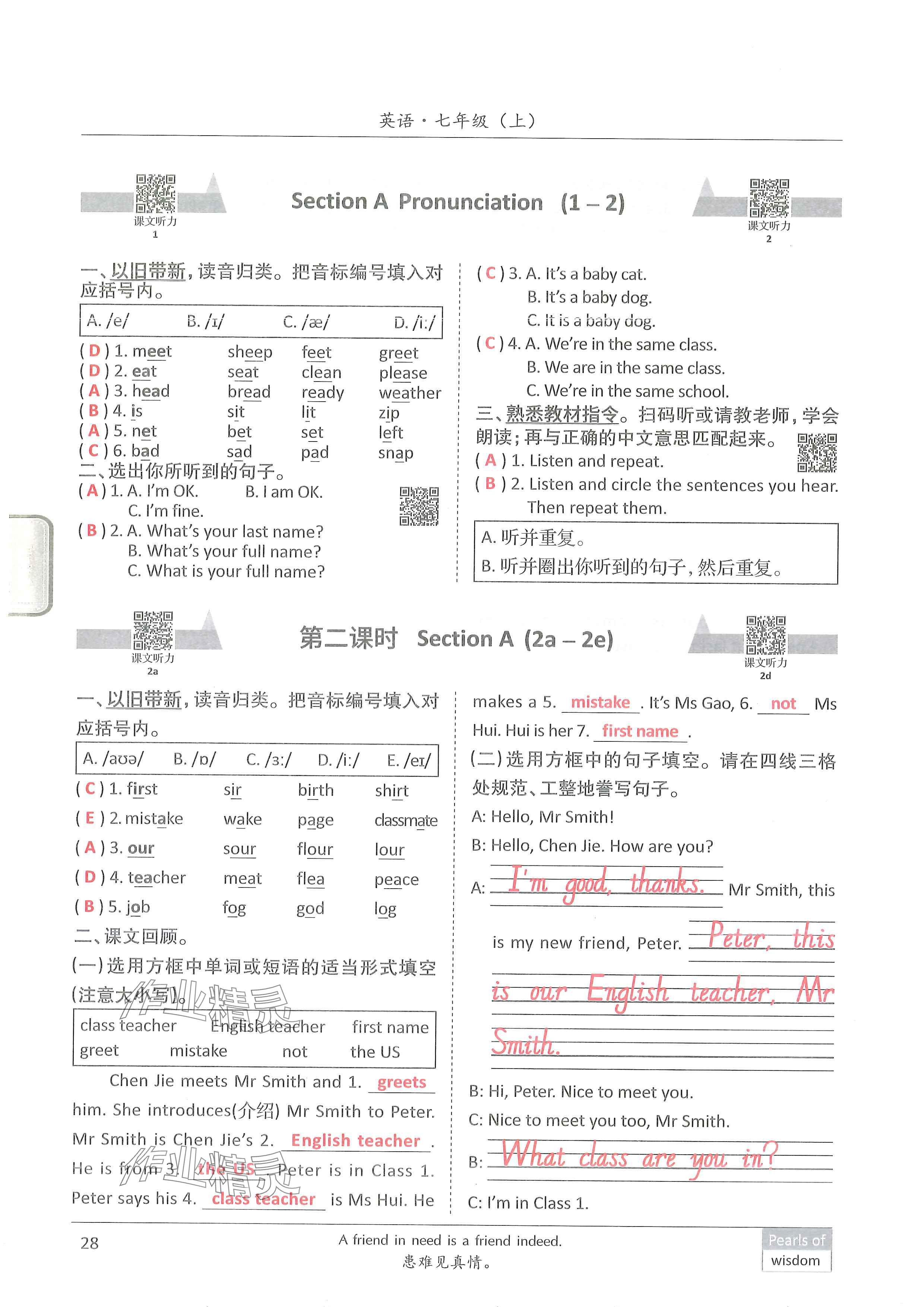 2024年新视界单元复习七年级英语上册人教版&nbsp;参考答案第27页