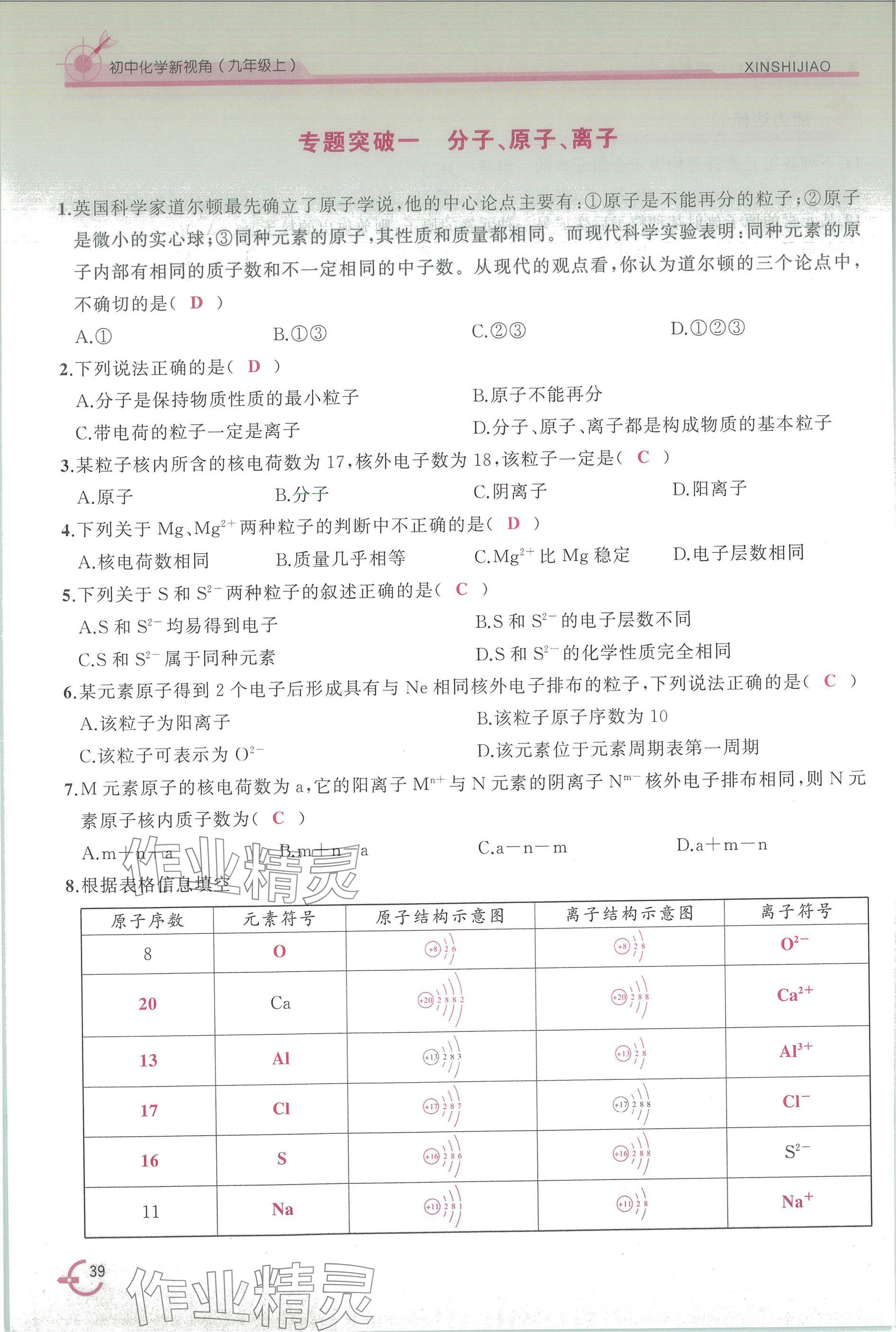 2025年新视角教辅系列丛书九年级化学上册人教版 参考答案第39页