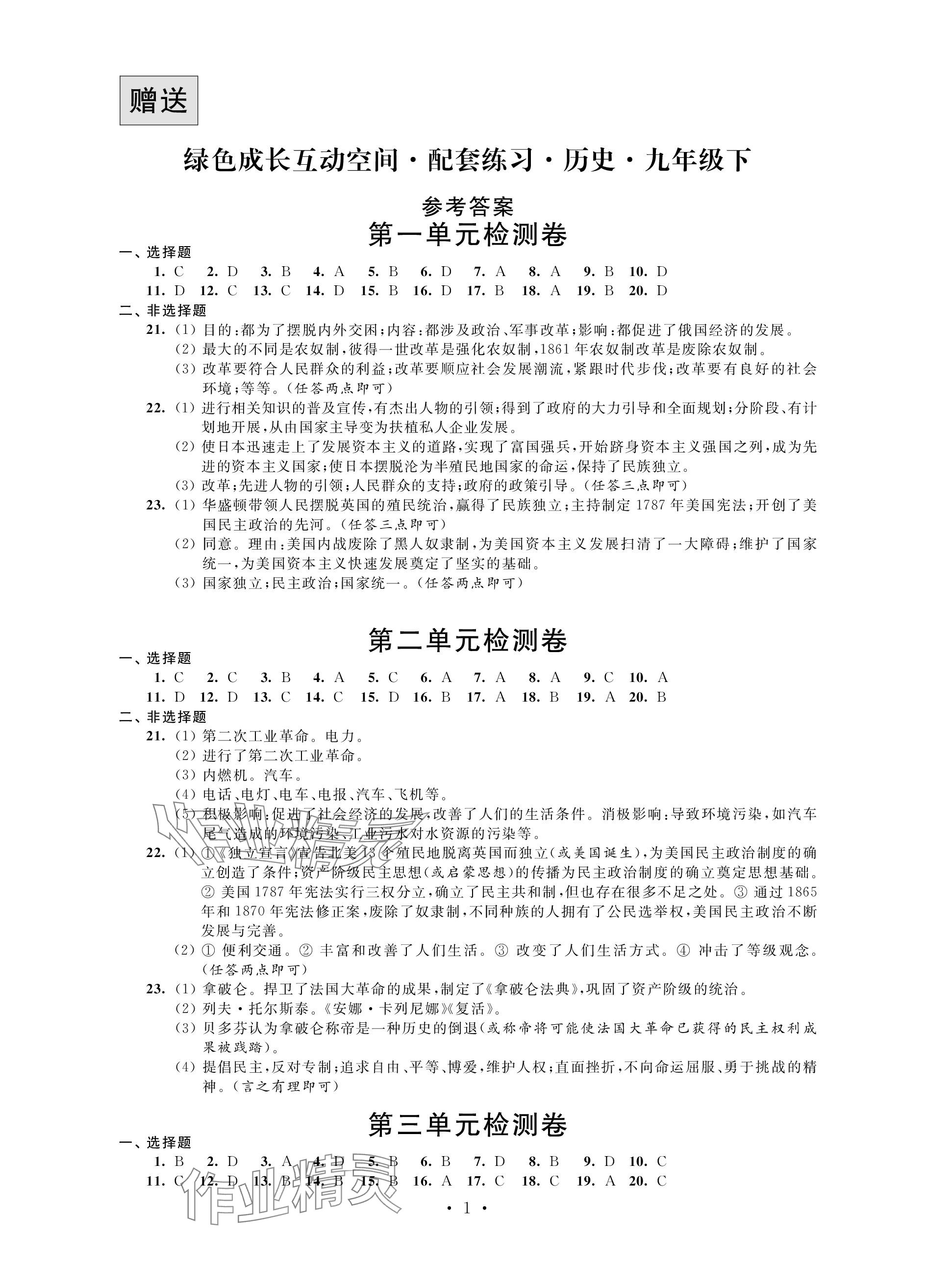 2024年綠色成長互動空間配套練習九年級歷史下冊人教版 參考答案第1頁