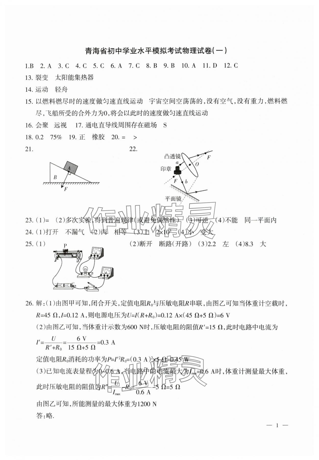 2024年青海省初中學業水平考試模擬試卷物理 參考答案第1頁