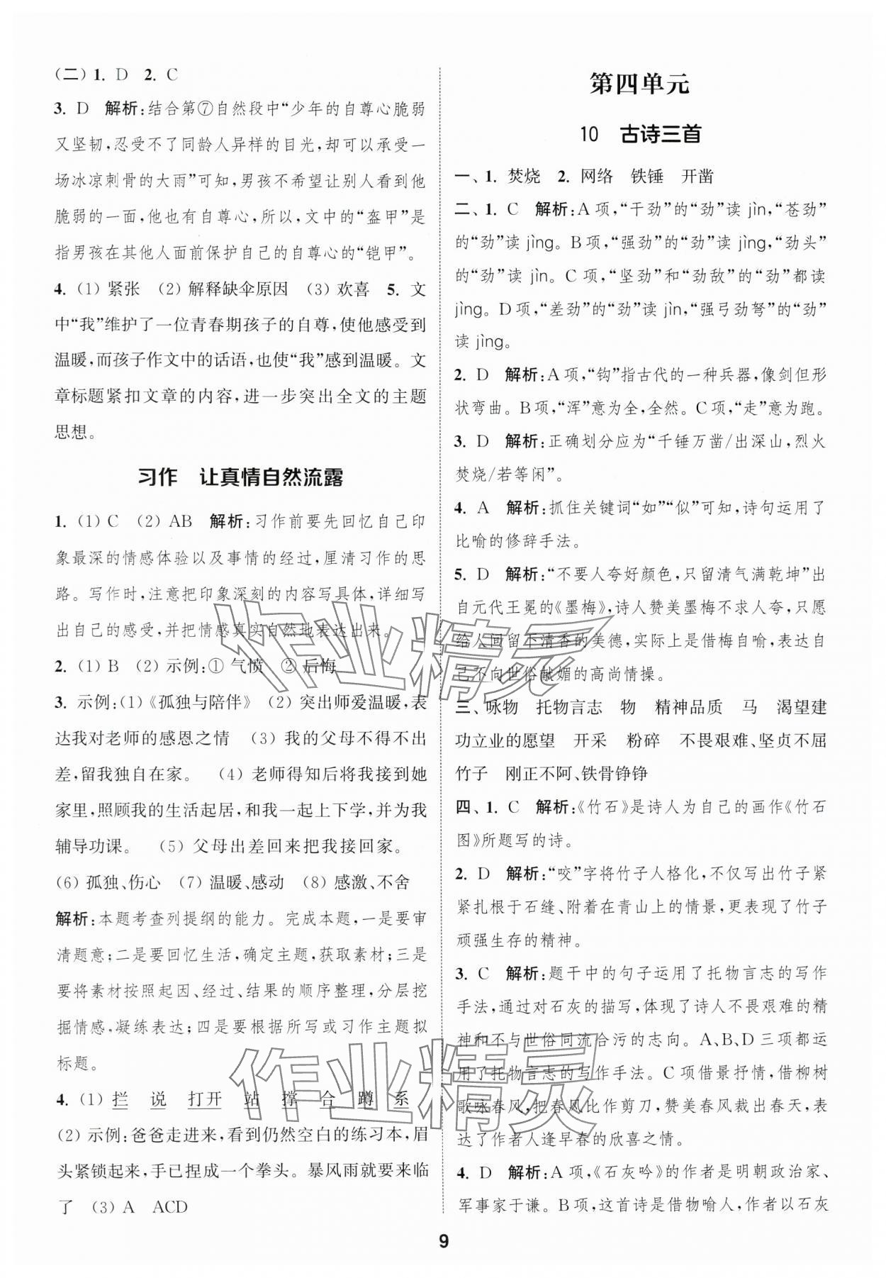 2025年通城學(xué)典課時作業(yè)本六年級語文下冊人教版福建專版 參考答案第9頁