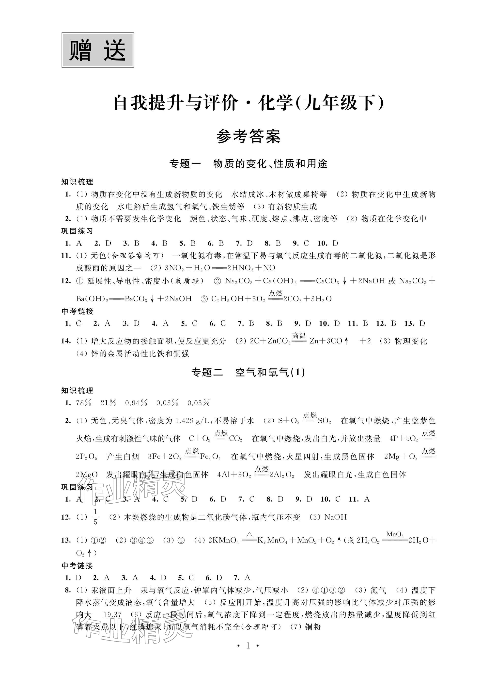 2026年自我提升与评价九年级化学下册人教版&nbsp;参考答案第1页