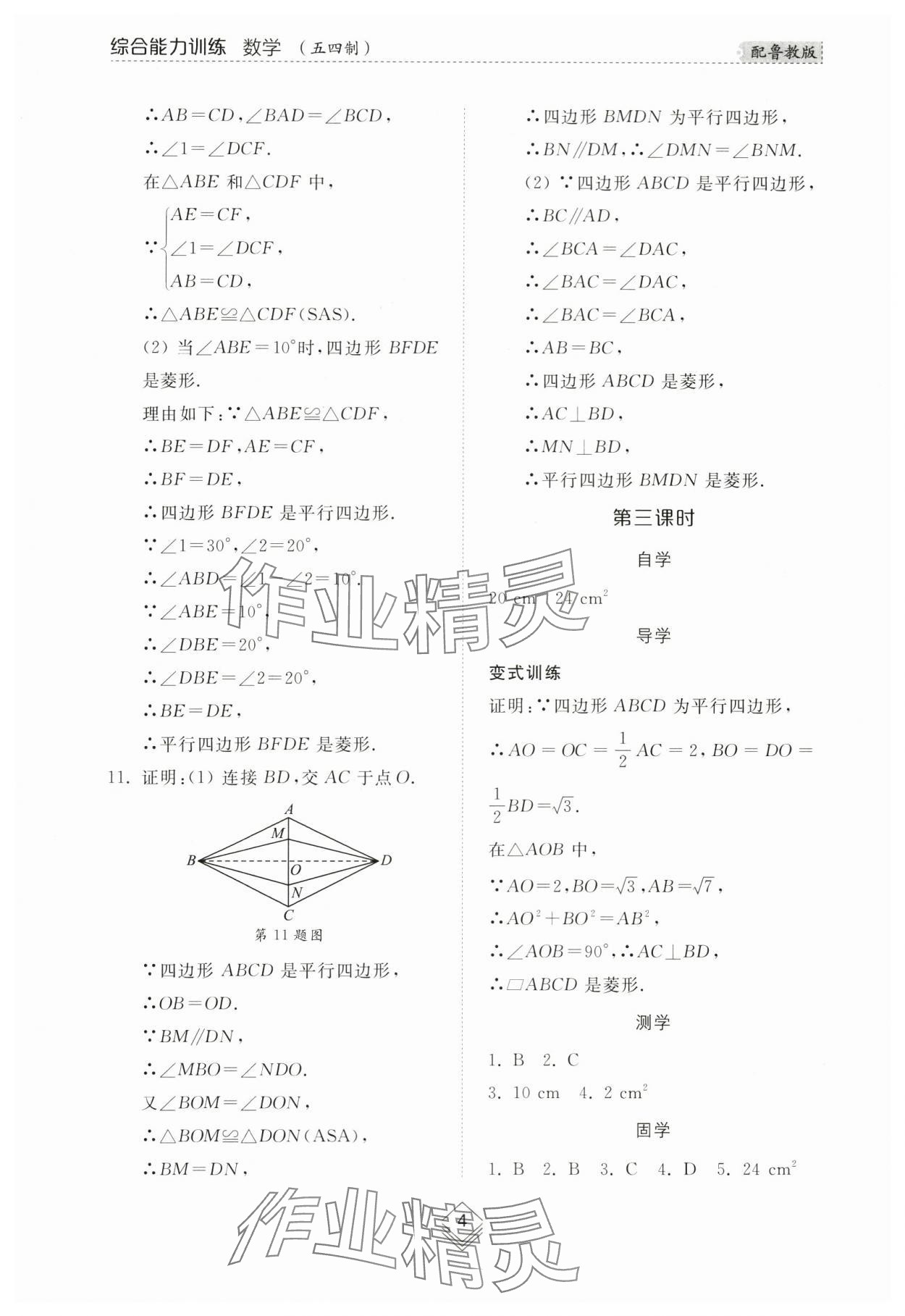 2024年綜合能力訓(xùn)練八年級數(shù)學(xué)下冊魯教版54制 參考答案第3頁