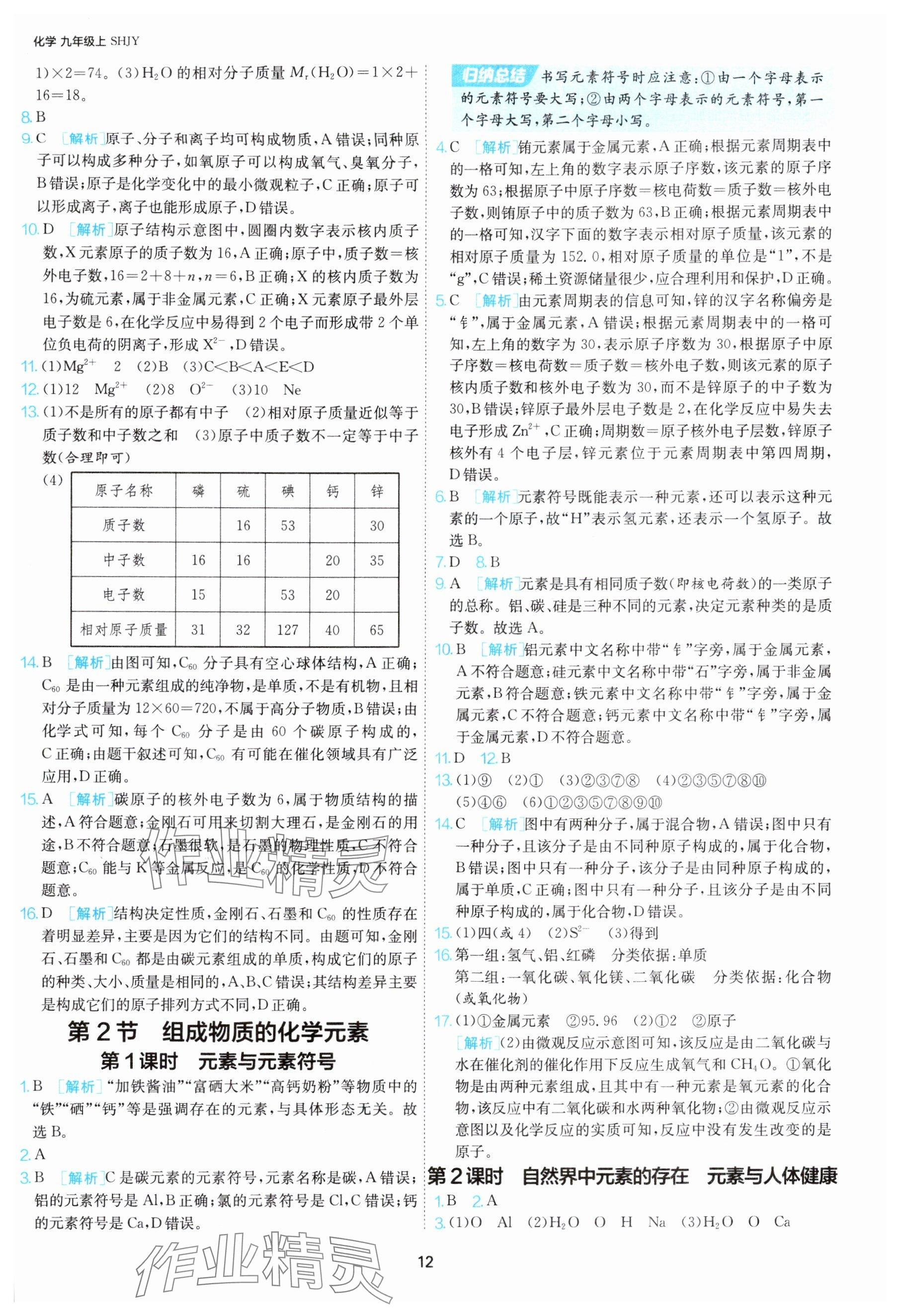 2025年1课3练单元达标测试九年级化学上册沪教版 参考答案第12页