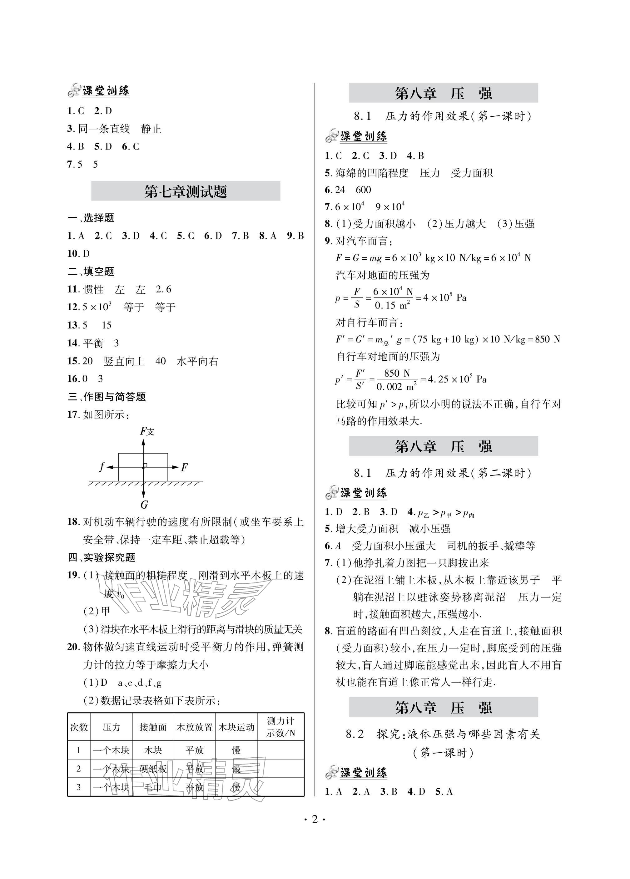 2026年单元自测试卷八年级物理下册沪科版&nbsp;参考答案第2页