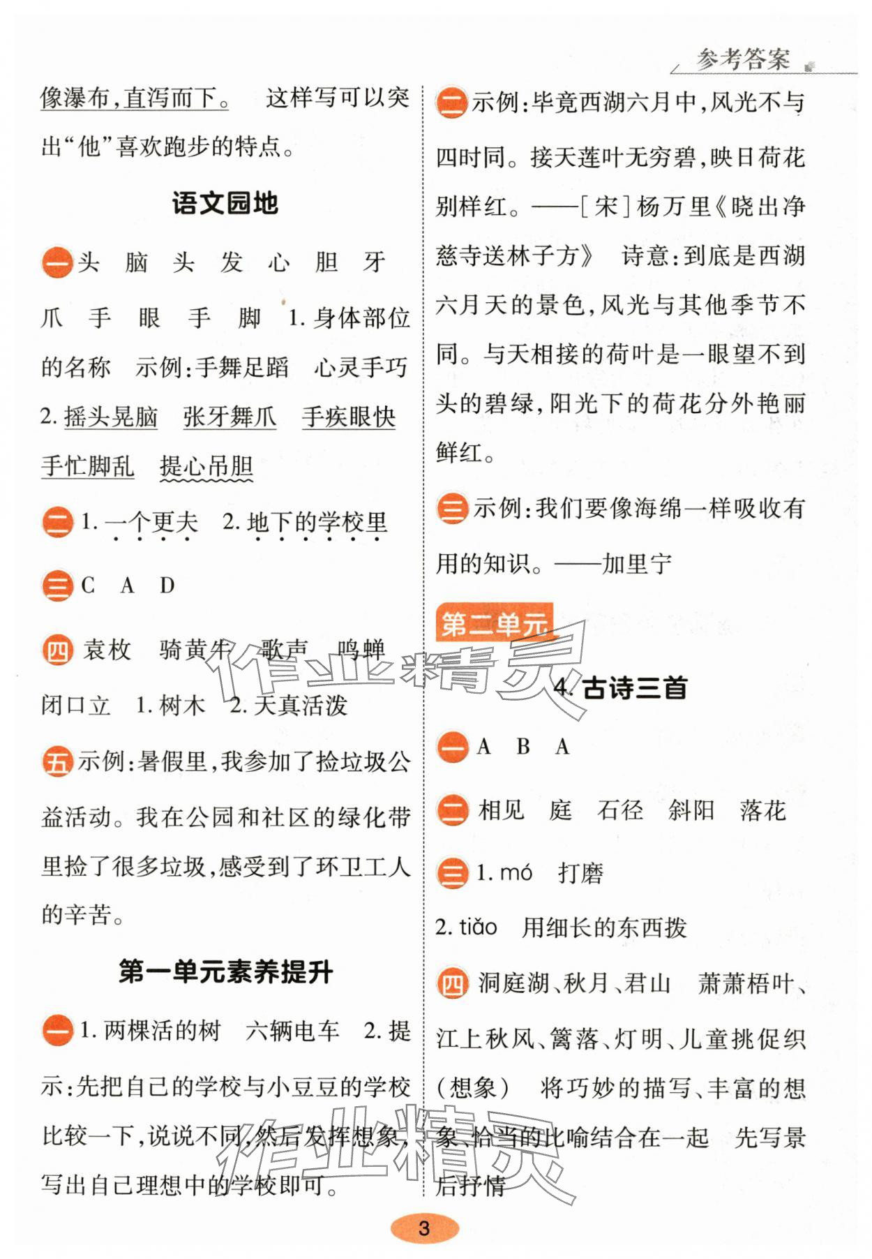 2025年黄冈同步训练三年级语文上册人教版&nbsp;参考答案第3页