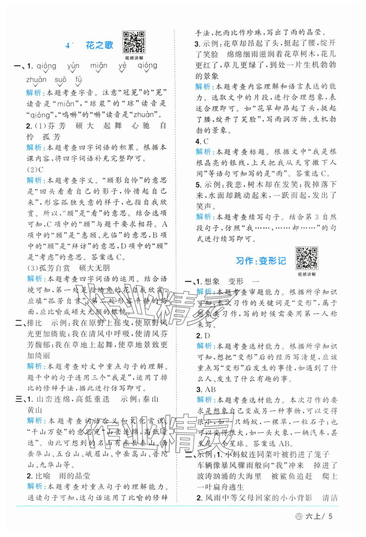 2024年陽光同學(xué)課時優(yōu)化作業(yè)六年級語文上冊人教版菏澤專版 參考答案第5頁