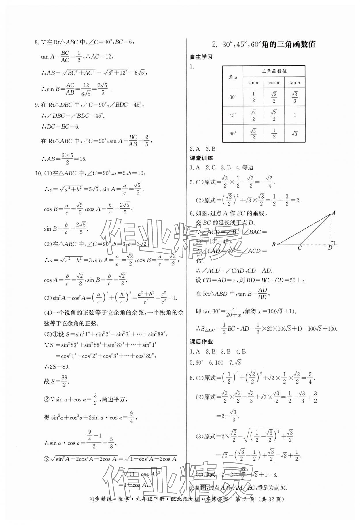 2024年同步精練廣東人民出版社九年級數(shù)學(xué)下冊北師大版 參考答案第2頁