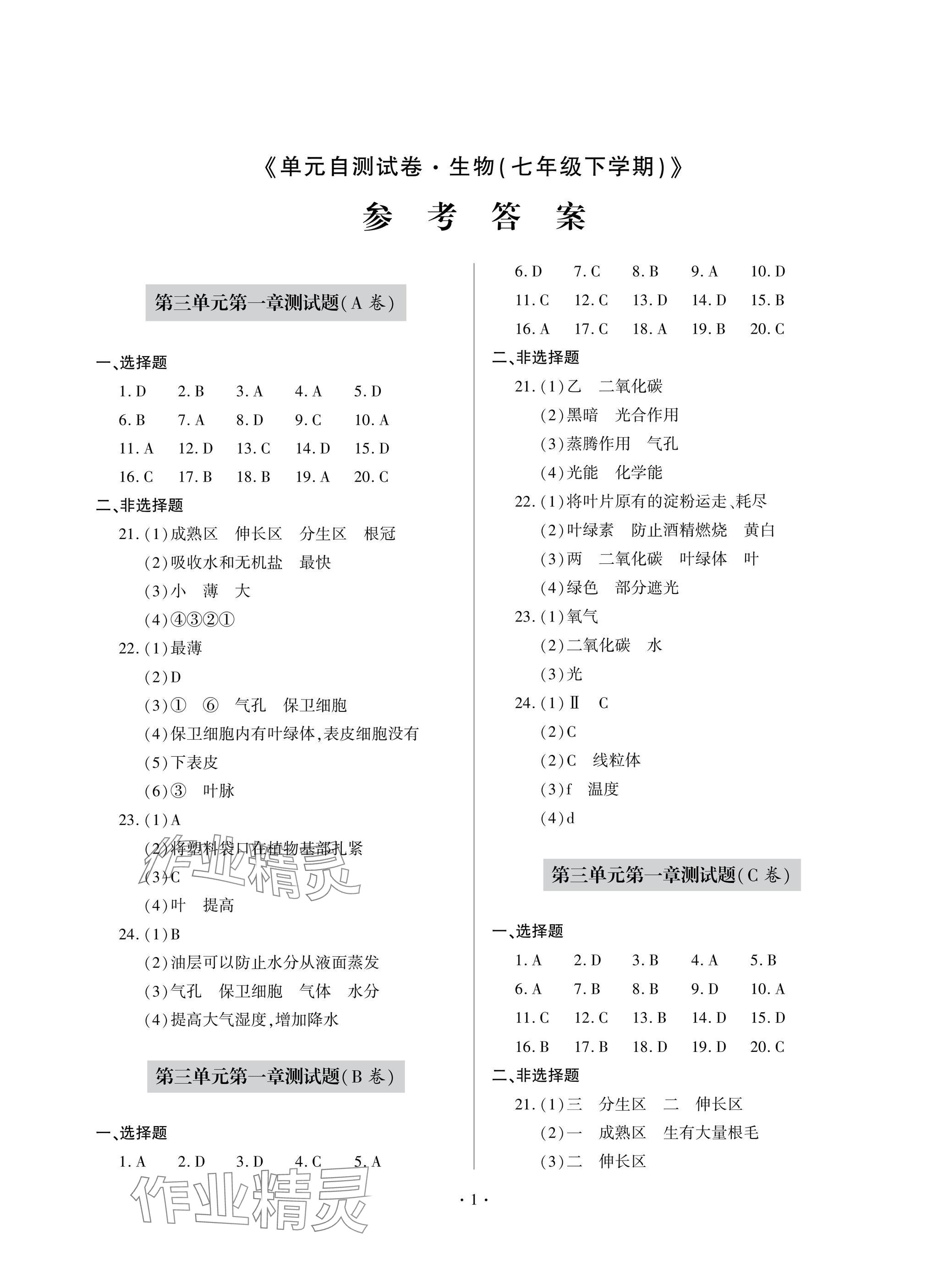 2025年單元自測(cè)試卷七年級(jí)生物下冊(cè)人教版 參考答案第1頁