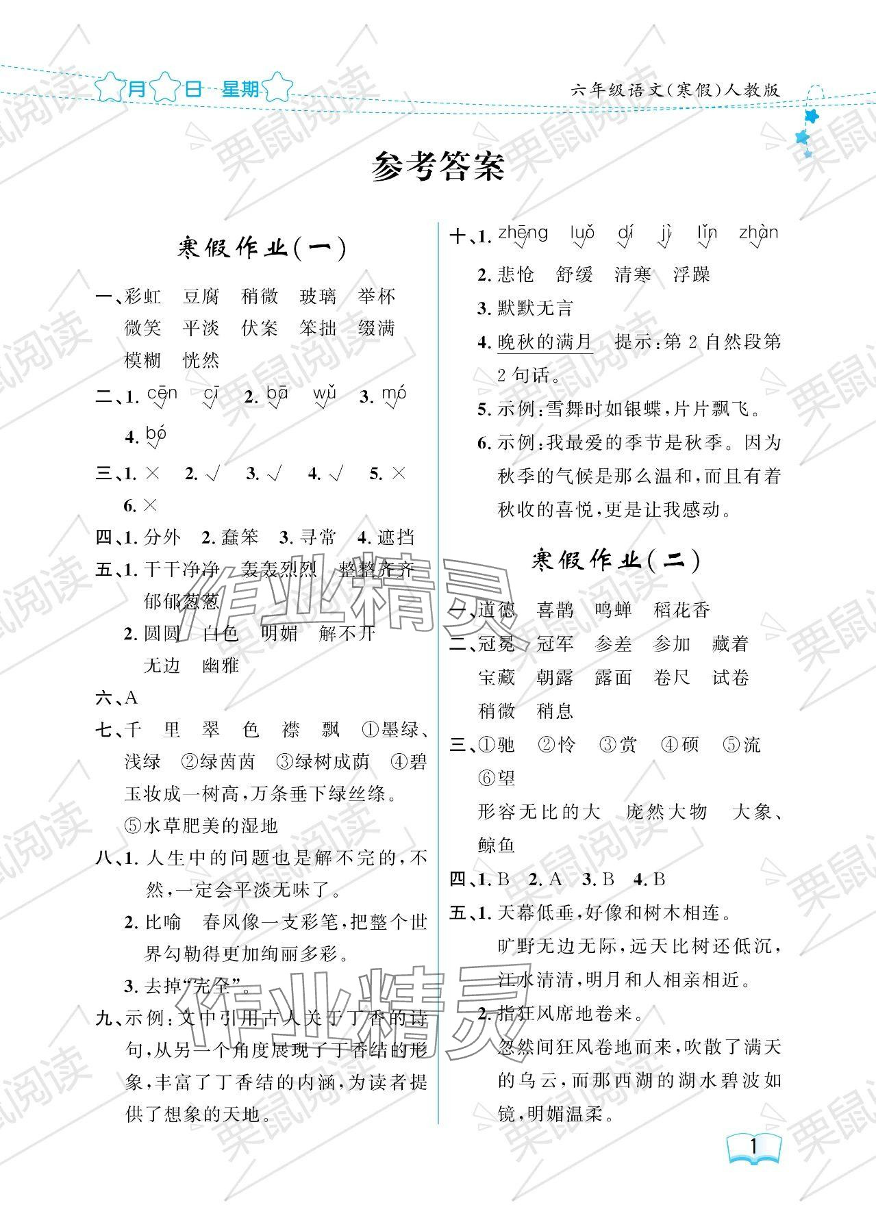 2024年阳光假日寒假六年级语文人教版 参考答案第1页