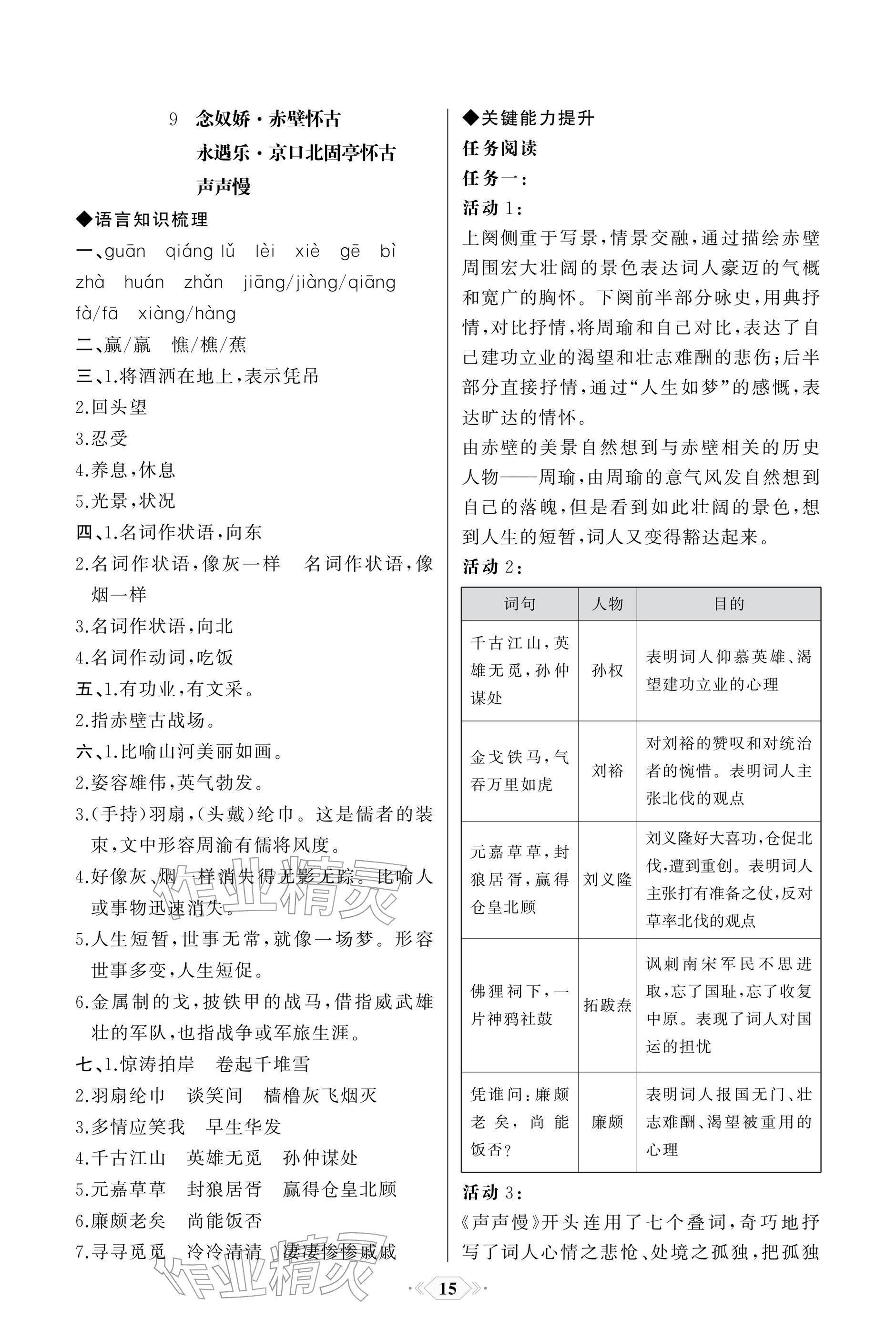 2025年同步解析与测评课时练人民教育出版社高中语文必修上册人教版单色版 参考答案第15页