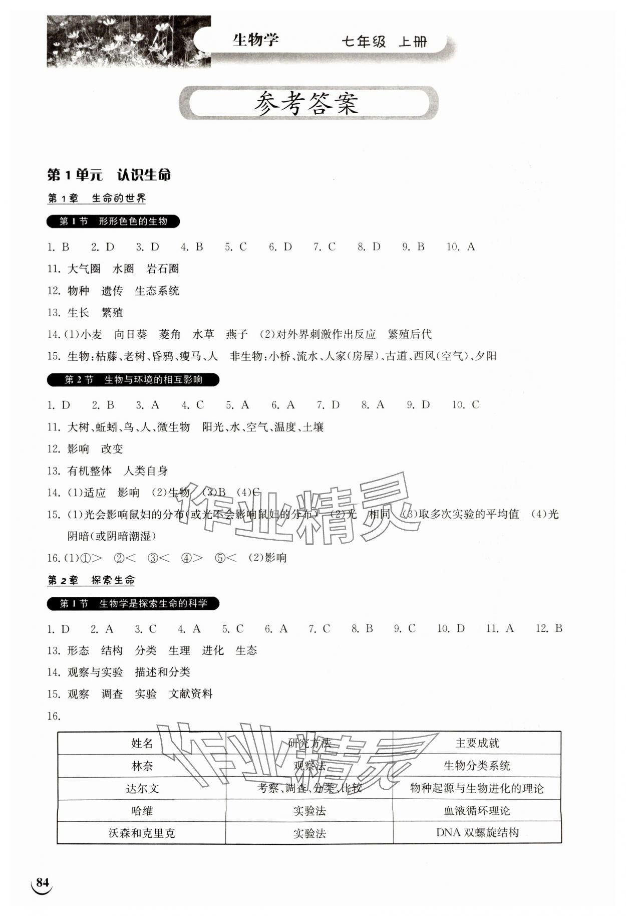 2023年长江作业本同步练习册七年级生物上册北师大版 参考答案第1页