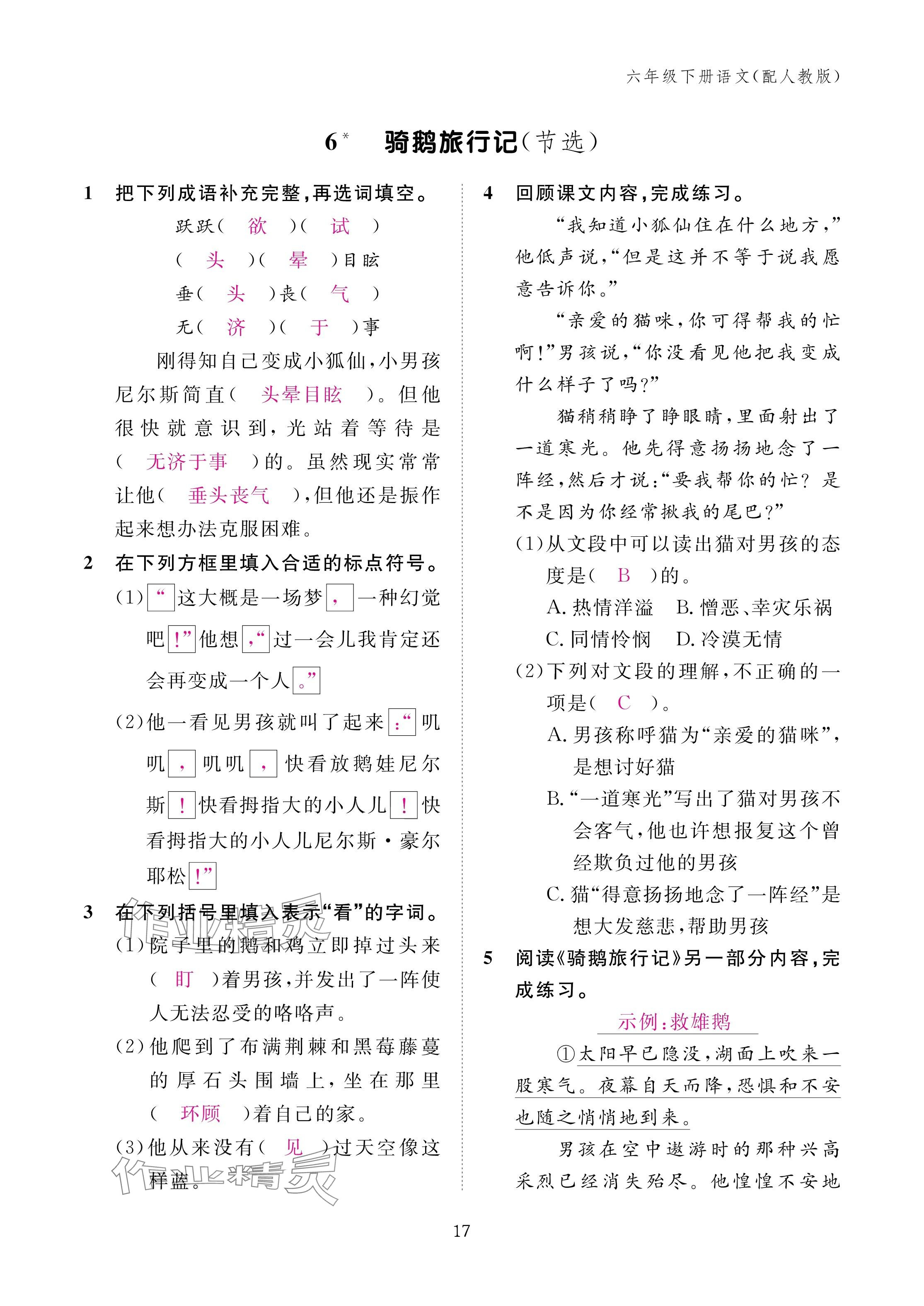 2025年作業(yè)本江西教育出版社六年級語文下冊人教版 參考答案第17頁