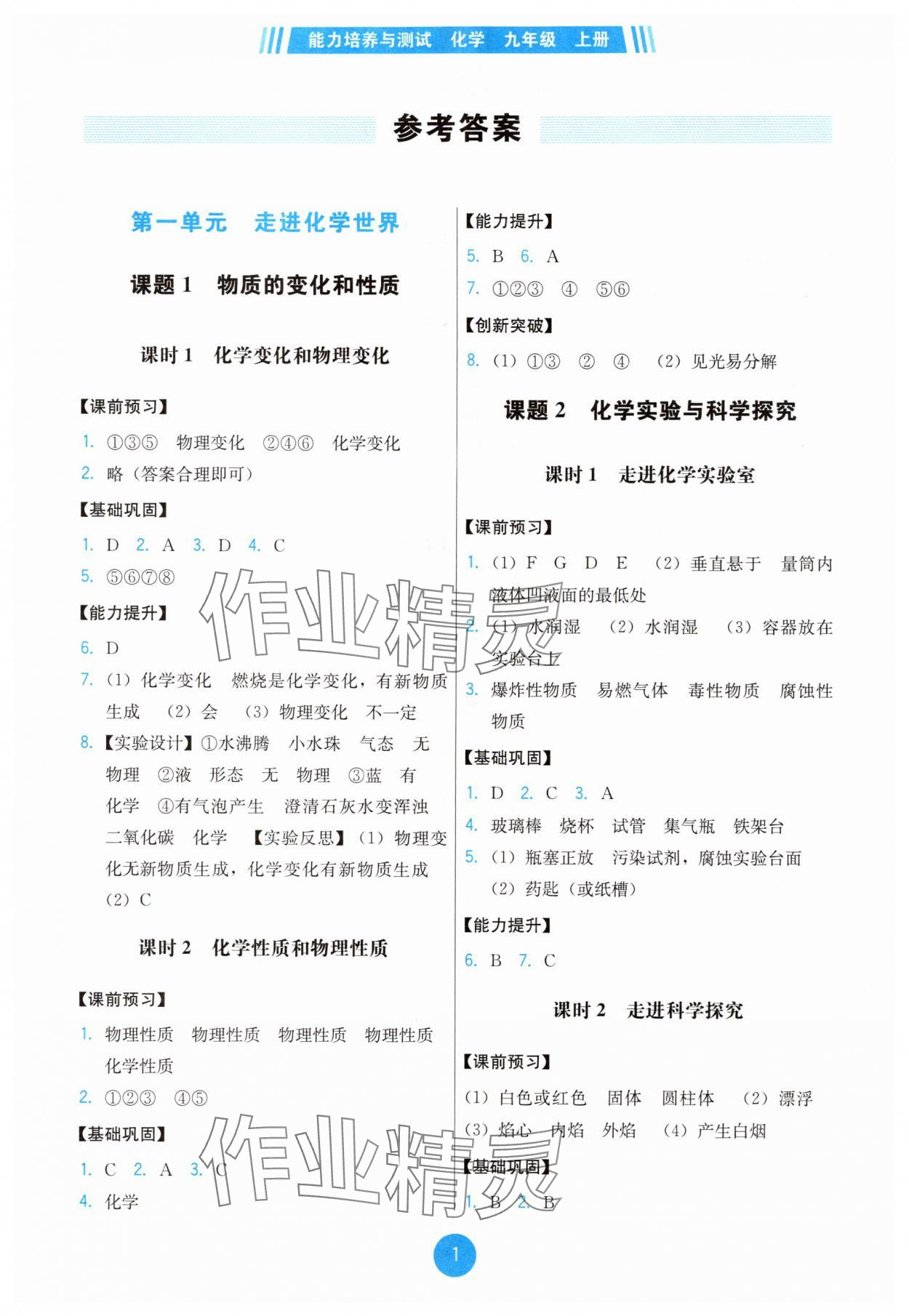 2025年能力培养与测试九年级化学上册人教版 第1页