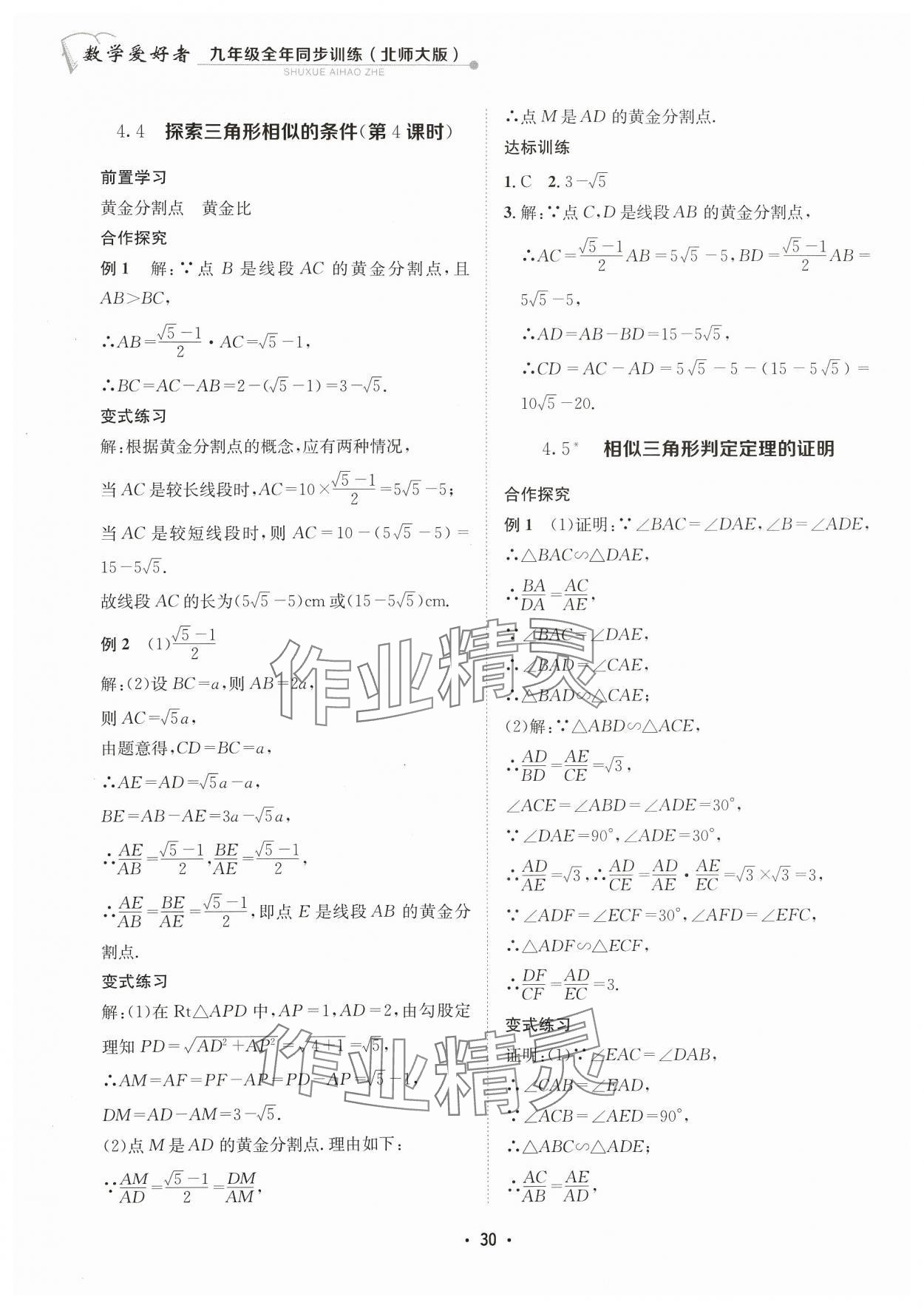 2023年數(shù)學(xué)愛好者同步訓(xùn)練九年級全一冊北師大版 參考答案第30頁