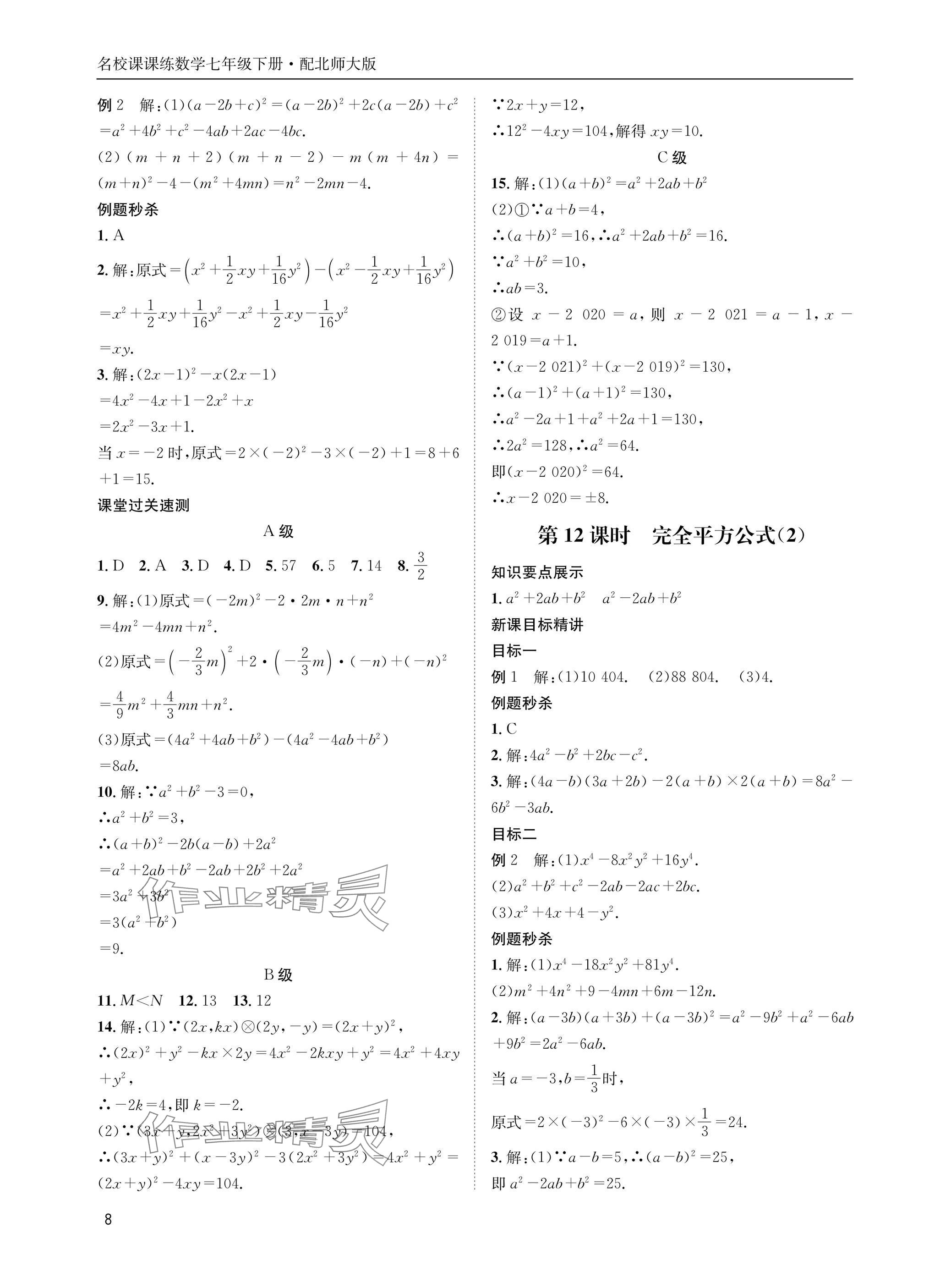2025年名校課課練七年級數學下冊北師大版 參考答案第8頁