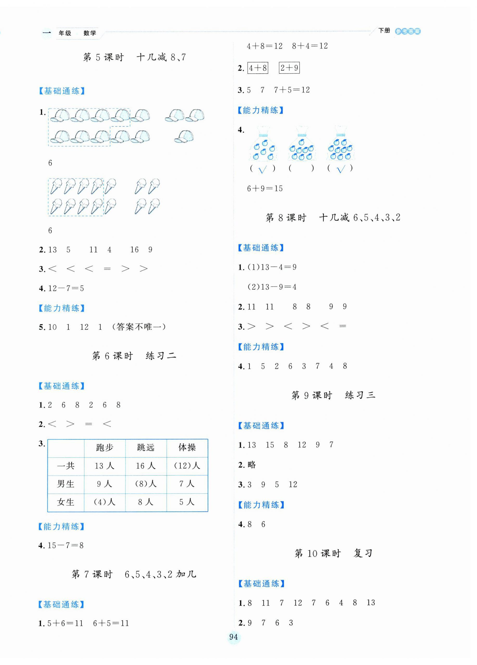 2025年優秀生作業本一年級數學下冊蘇教版 參考答案第2頁