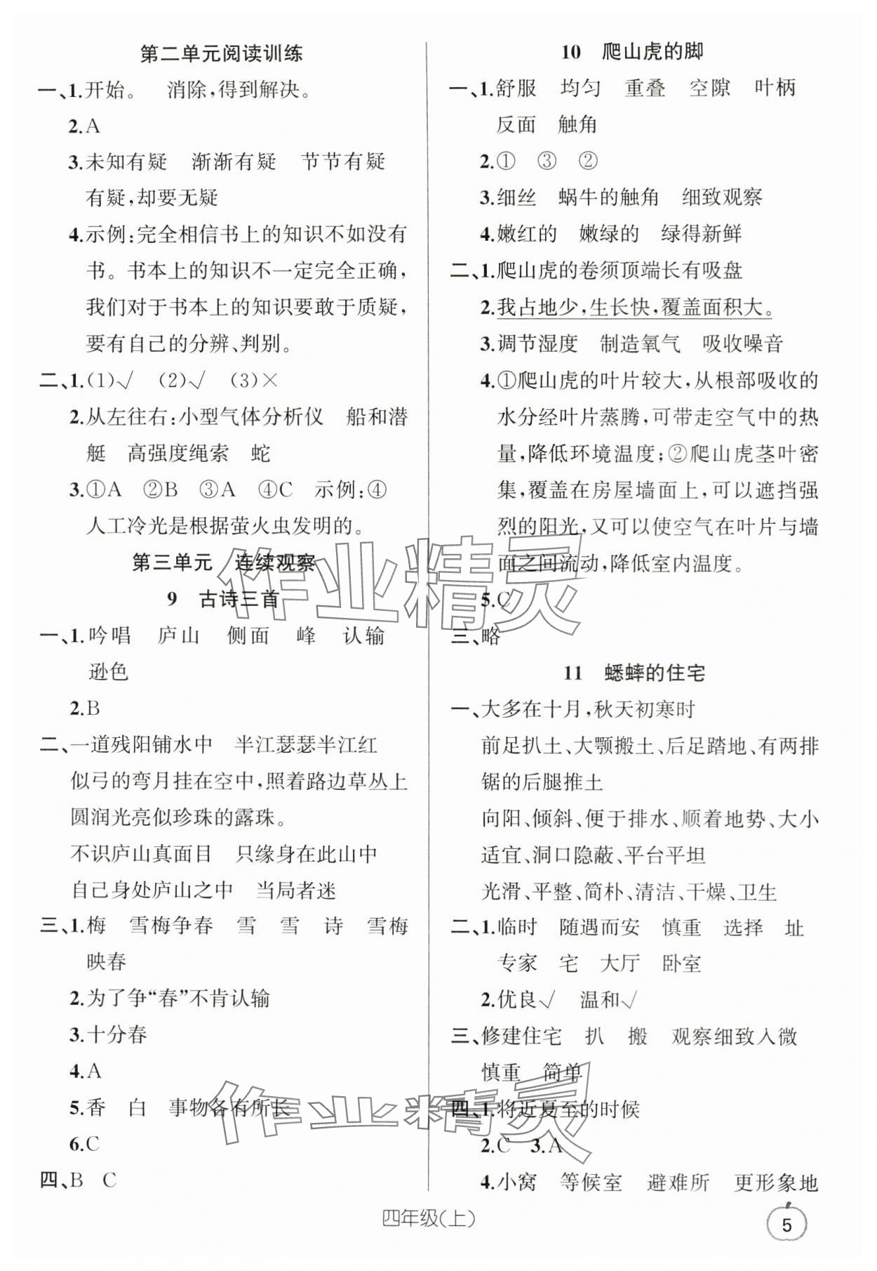 2024年语文要素天天练四年级语文上册人教版浙江专版 参考答案第5页