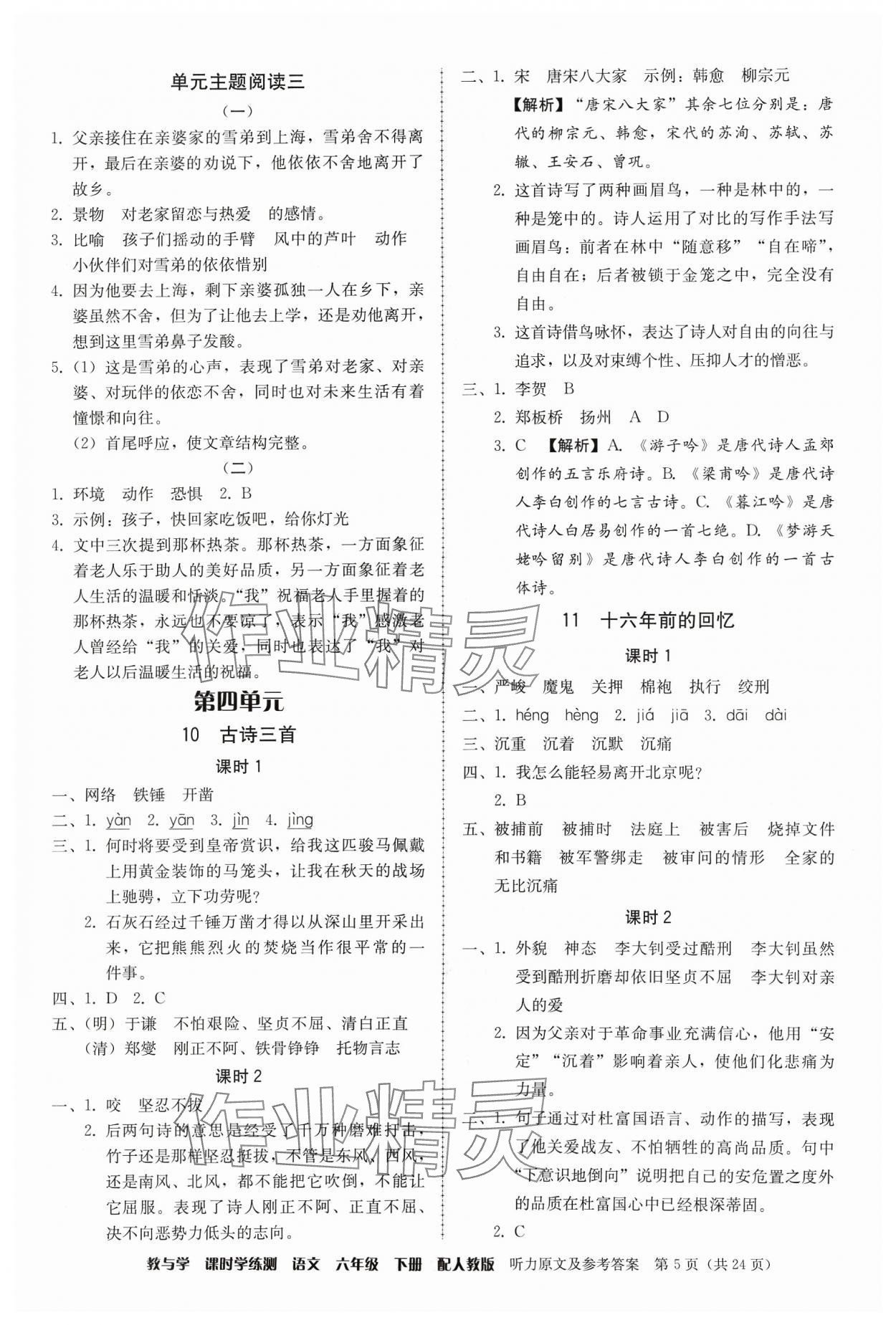 2024年教與學(xué)課時(shí)學(xué)練測(cè)六年級(jí)語(yǔ)文下冊(cè)人教版 參考答案第5頁(yè)