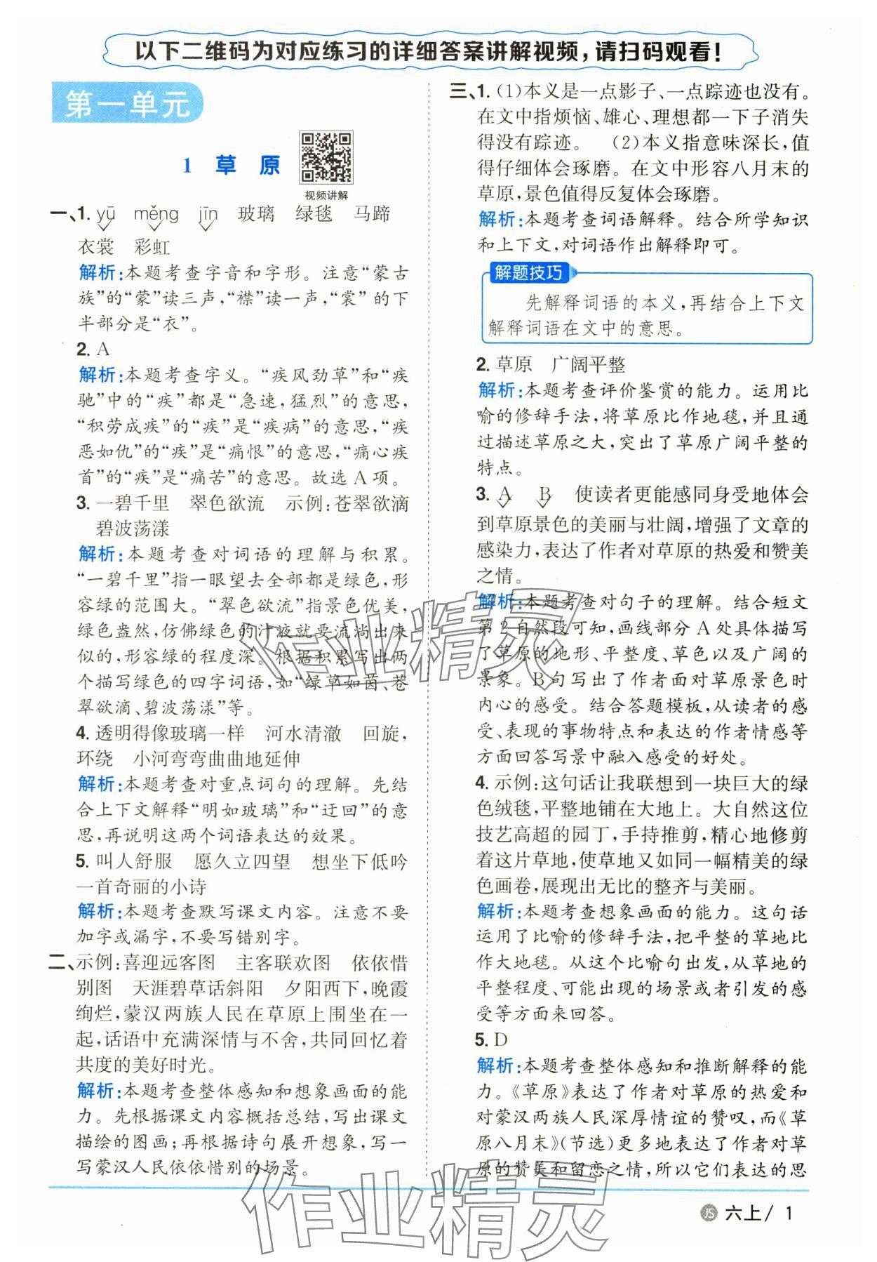2025年陽光同學課時優(yōu)化作業(yè)六年級語文上冊人教版江蘇專版 參考答案第1頁