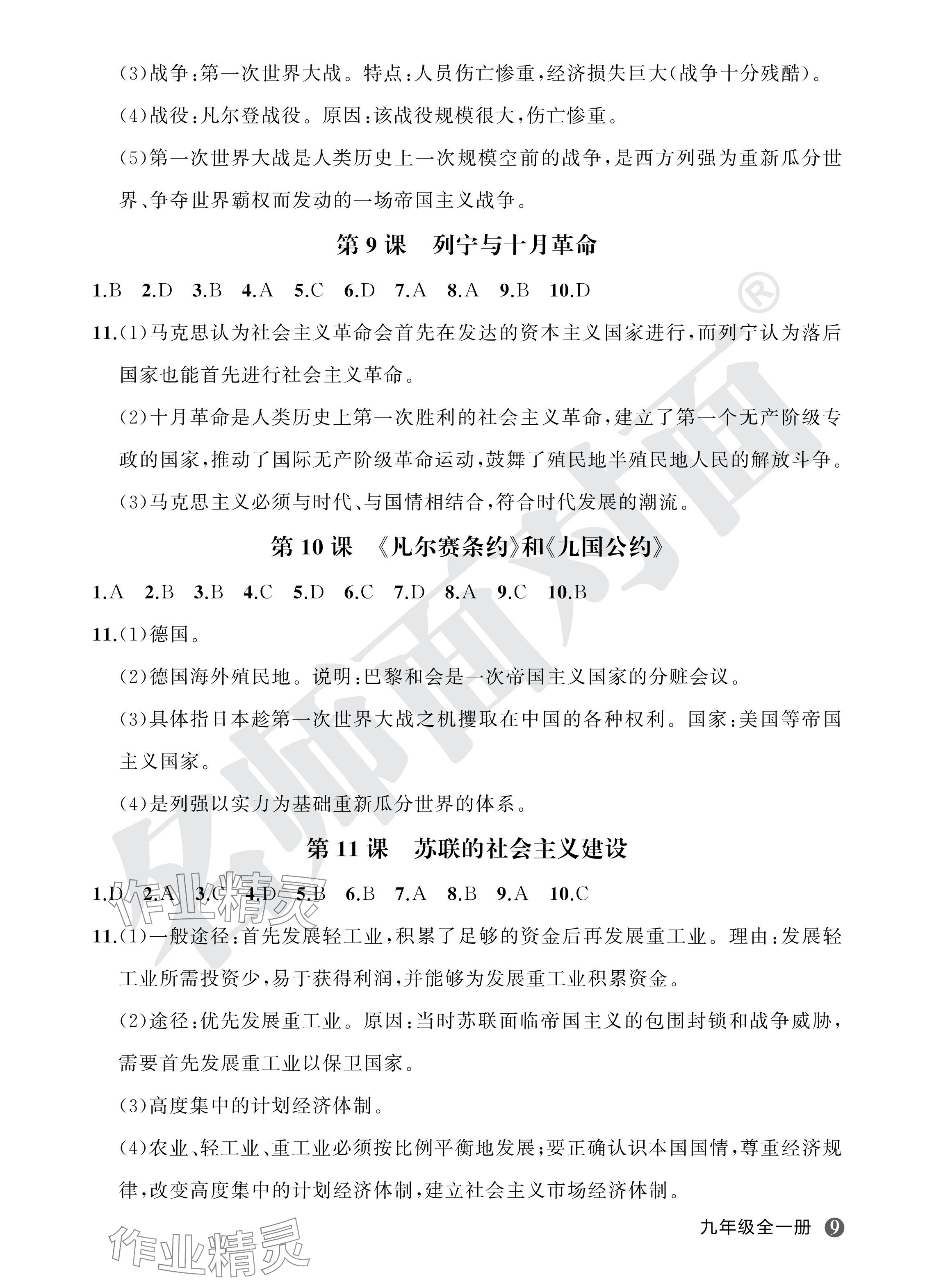 2024年名師面對面學科素養評價九年級歷史全一冊人教版 參考答案第9頁