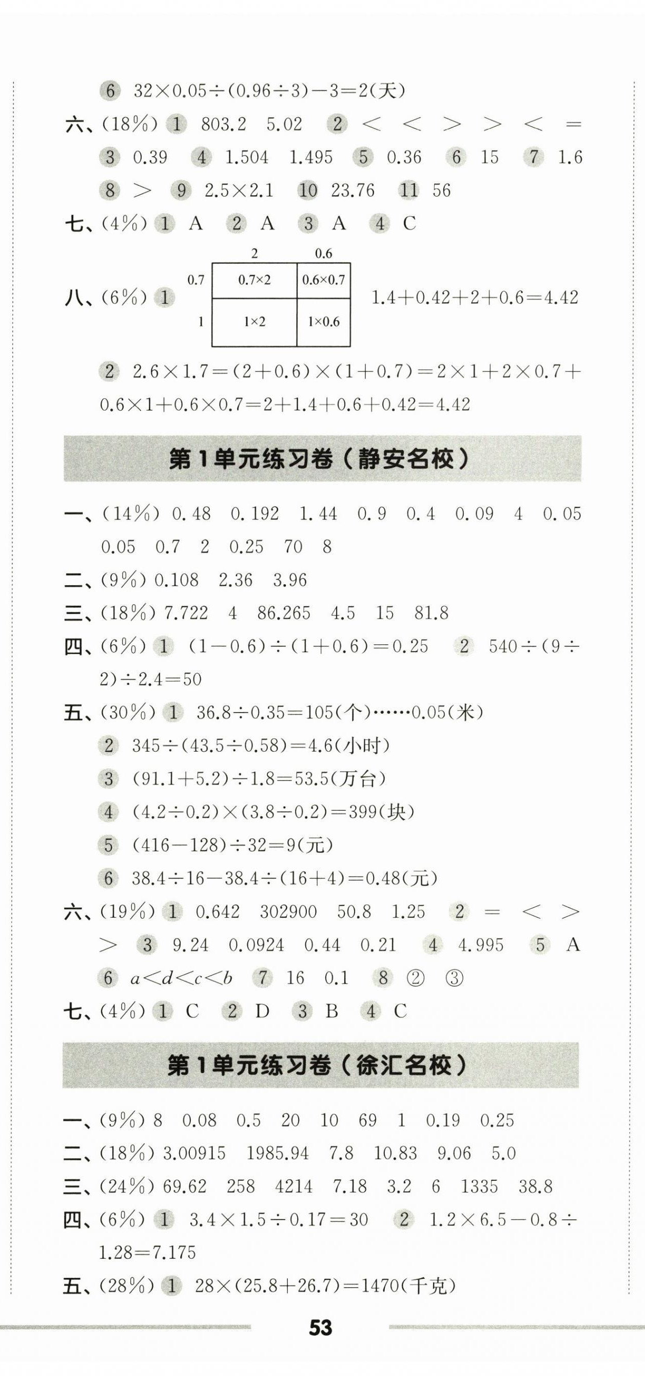 2026年上海名校名卷五年级数学上册沪教版五四制&nbsp;参考答案第2页