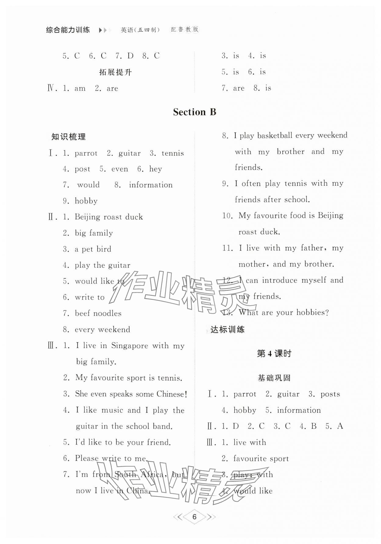 2024年综合能力训练六年级英语上册鲁教版54制 参考答案第6页