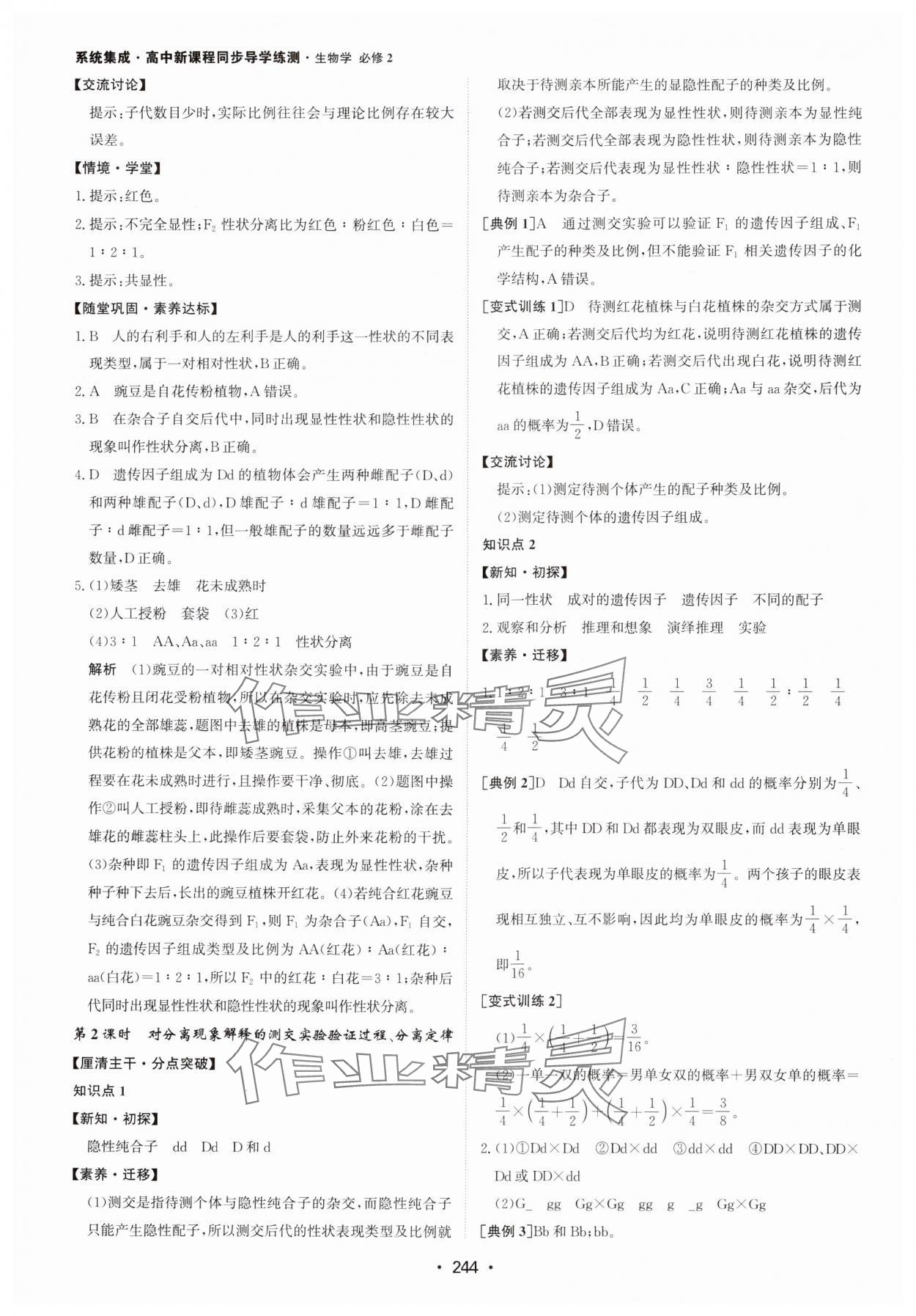 2024年系統(tǒng)集成新課程同步導(dǎo)學(xué)練測高中生物必修2 參考答案第2頁